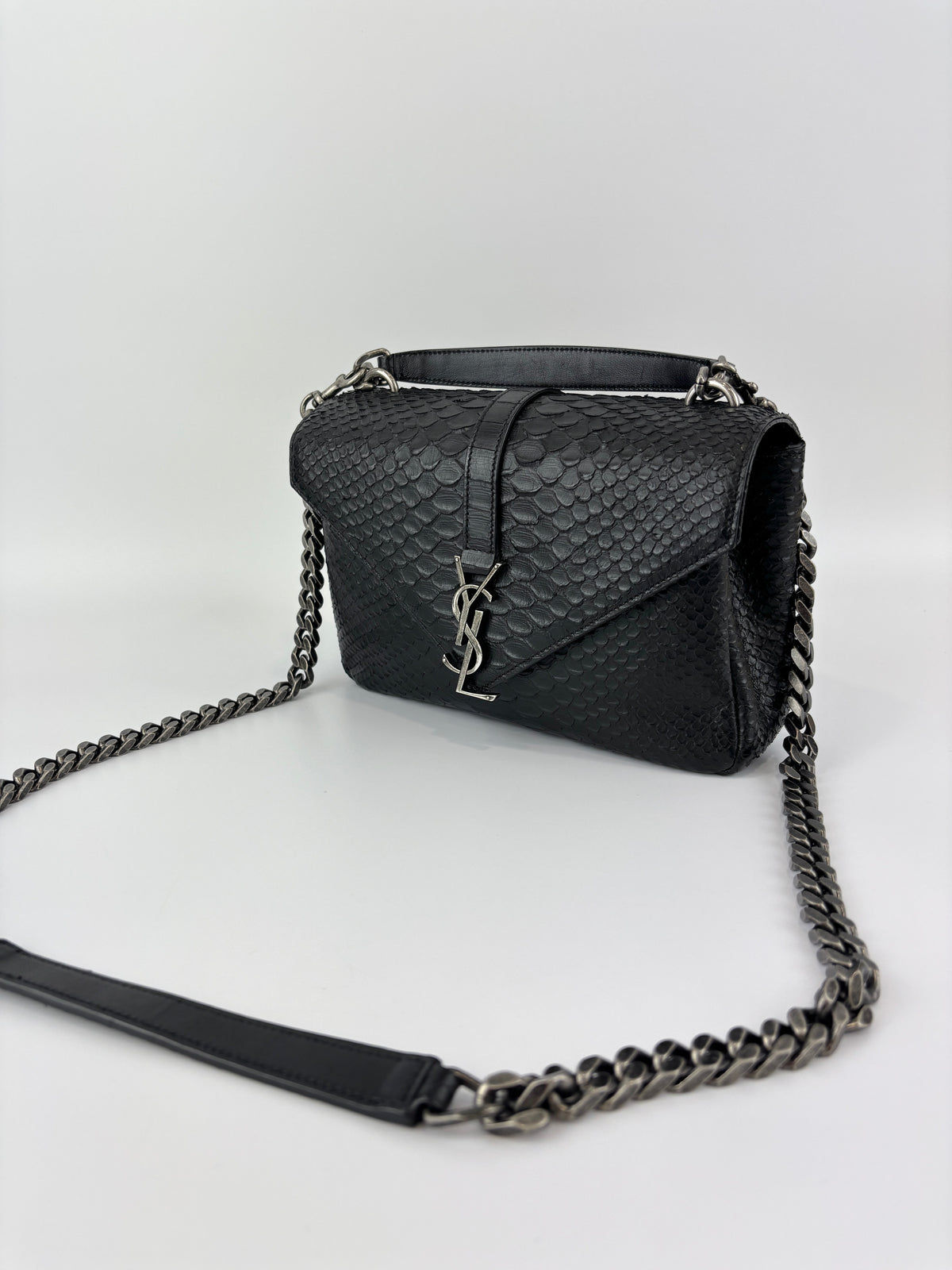 Medium College Bag in Black Python-Embossed Leather