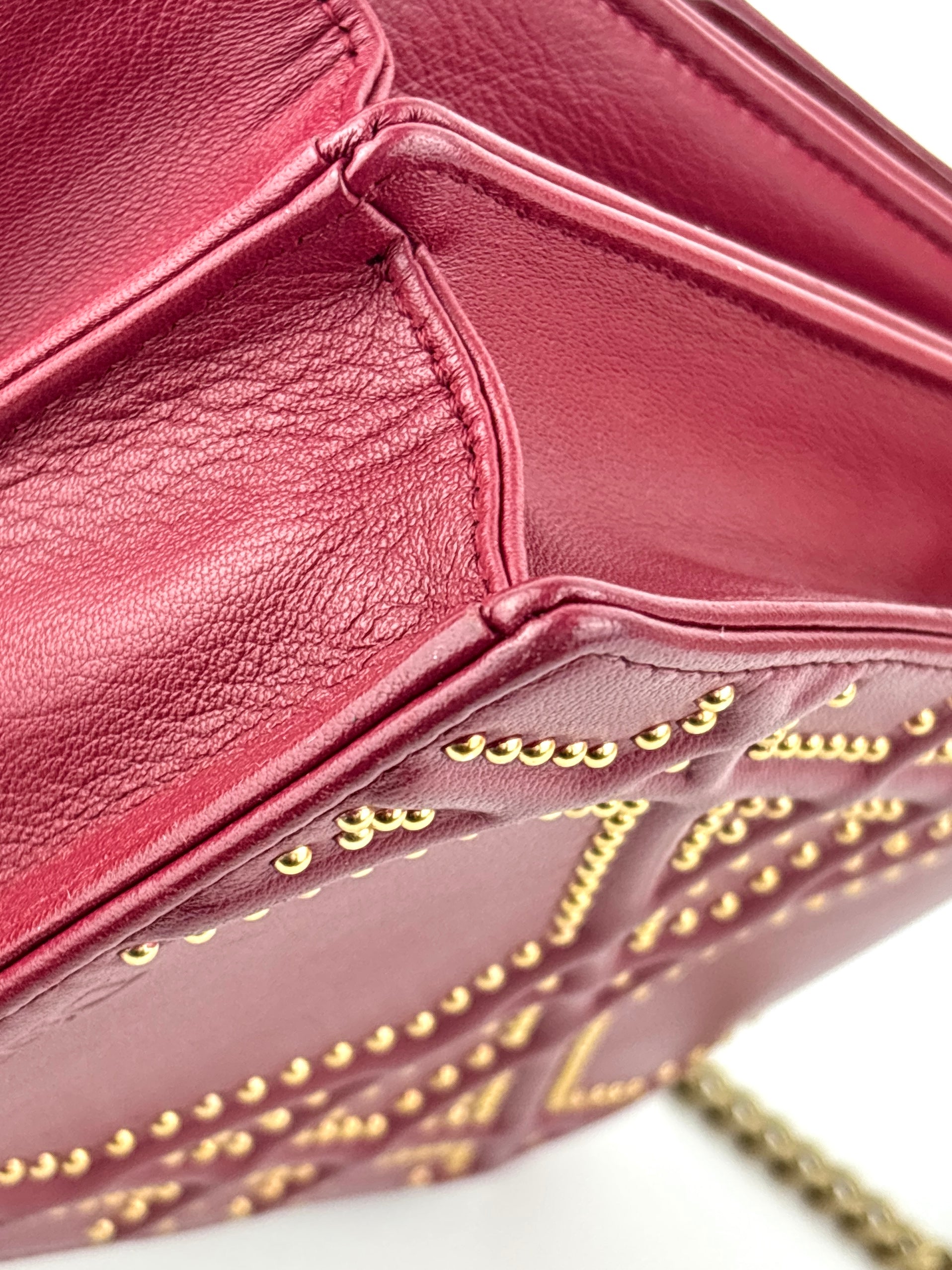 Studded Lambskin Vertical Diorama Clutch on Chain Burgundy GHW - Glampot