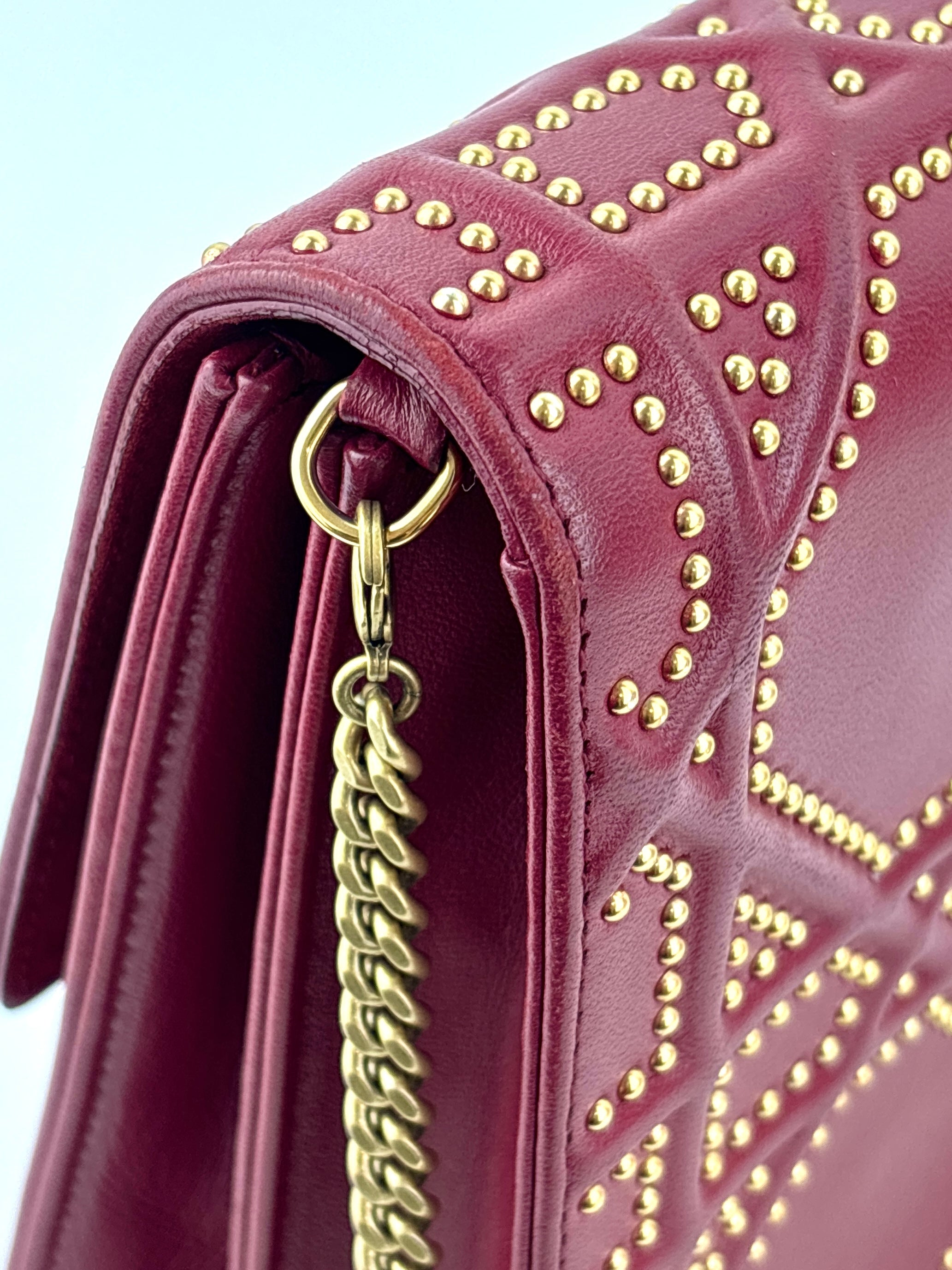 Studded Lambskin Vertical Diorama Clutch on Chain Burgundy GHW - Glampot