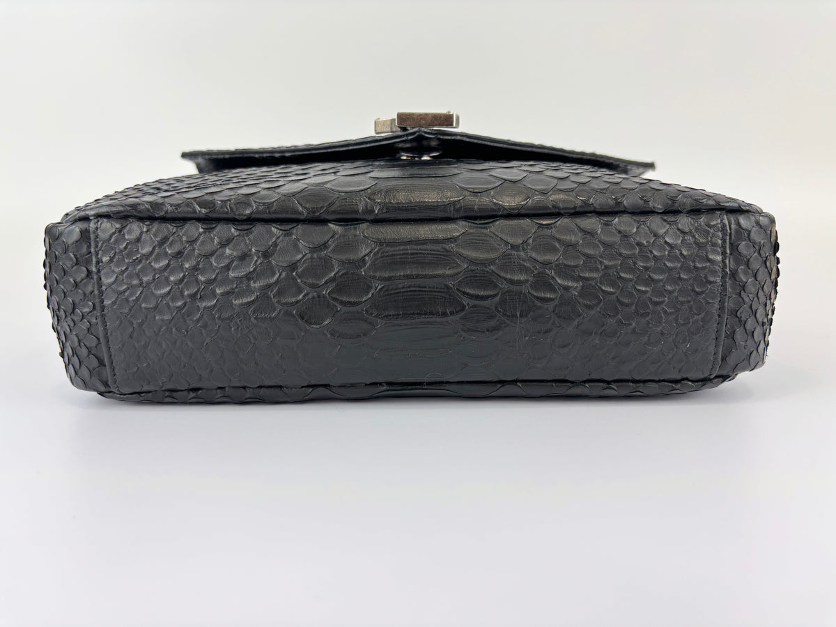 Medium College Bag in Black Python-Embossed Leather
