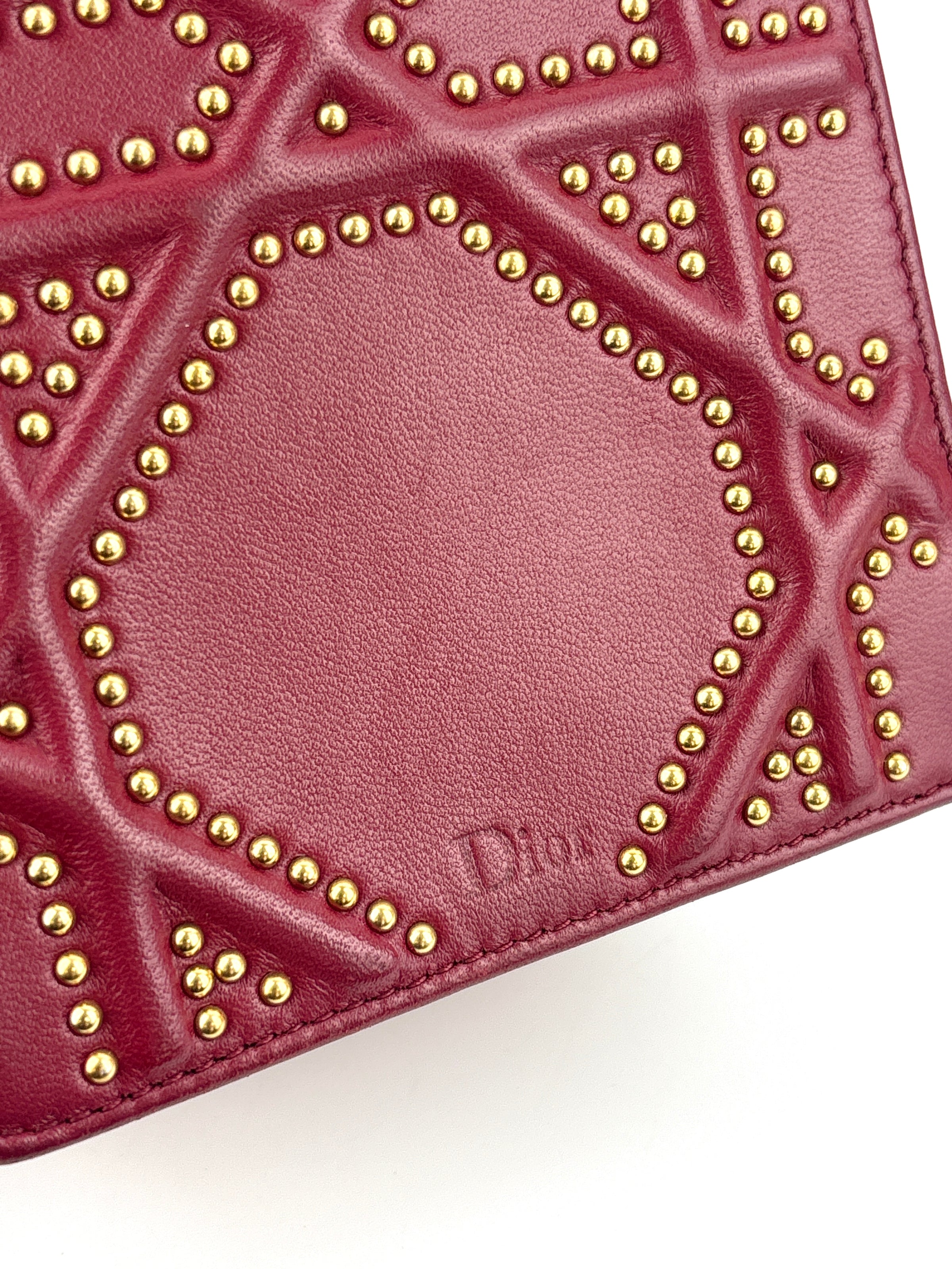 Studded Lambskin Vertical Diorama Clutch on Chain Burgundy GHW - Glampot