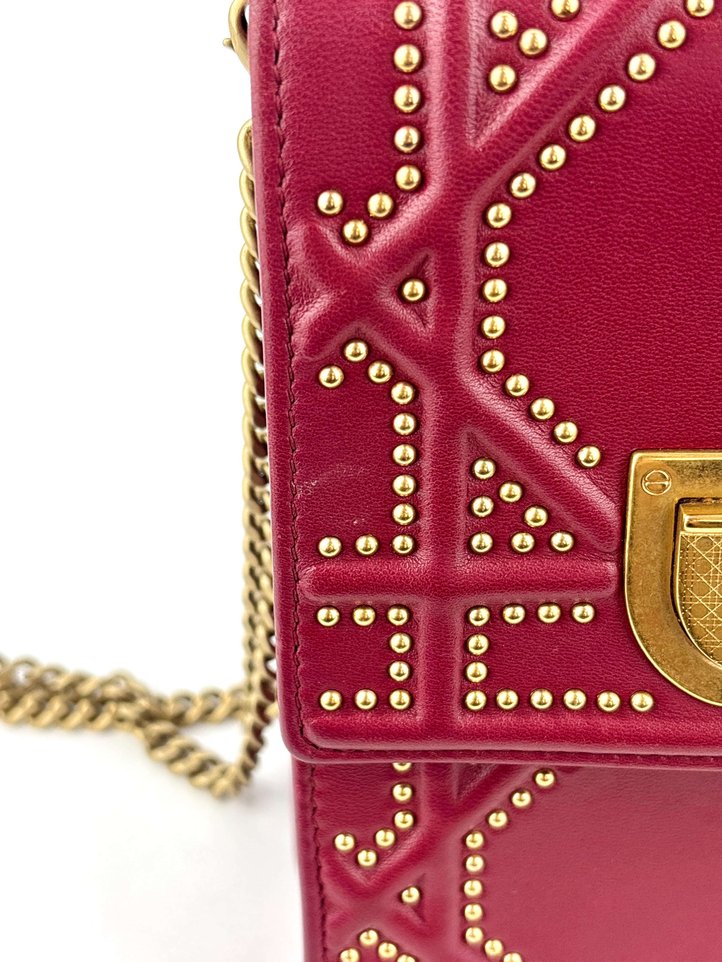 Studded Lambskin Vertical Diorama Clutch on Chain Burgundy GHW - Glampot
