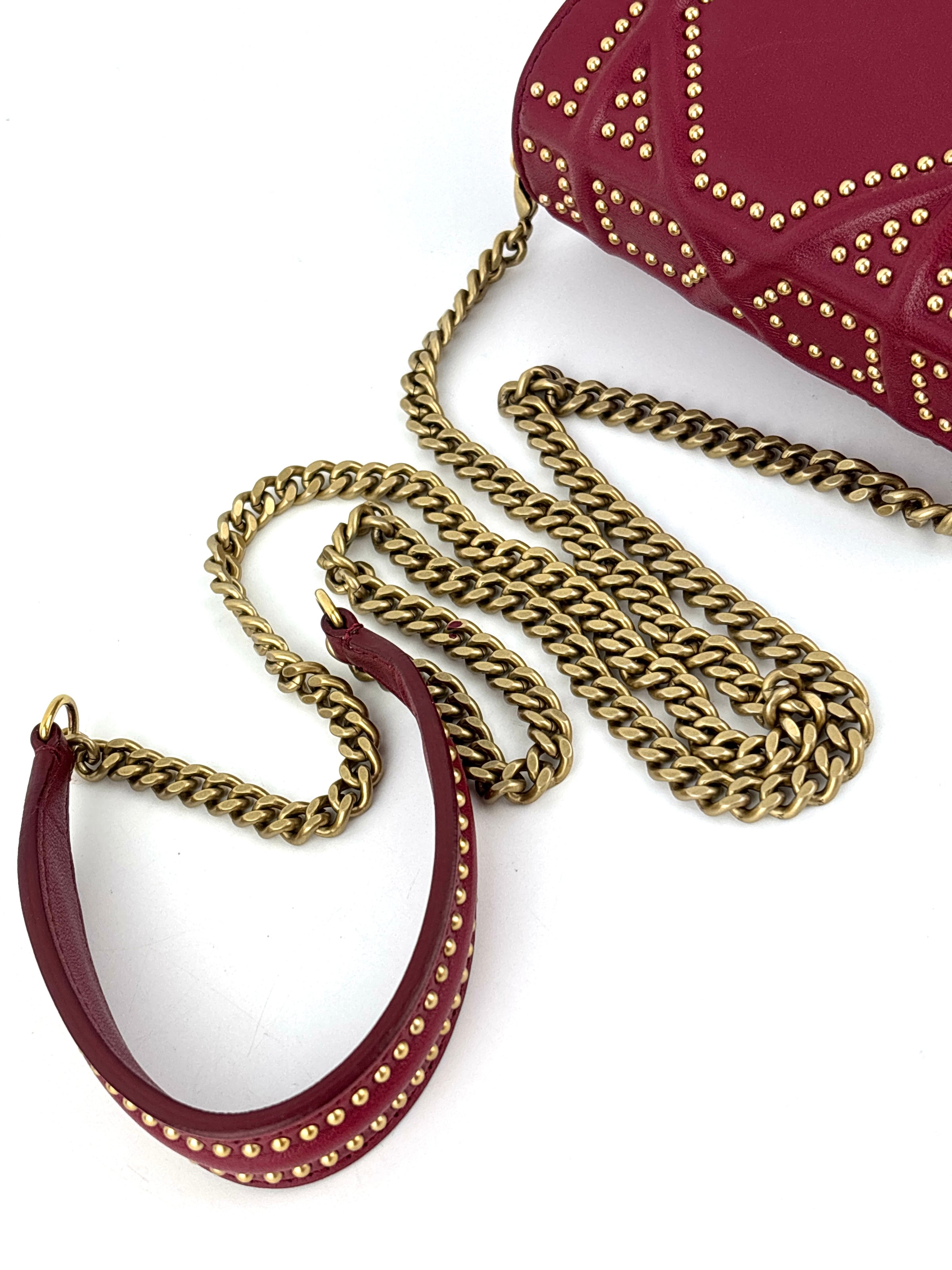 Studded Lambskin Vertical Diorama Clutch on Chain Burgundy GHW - Glampot