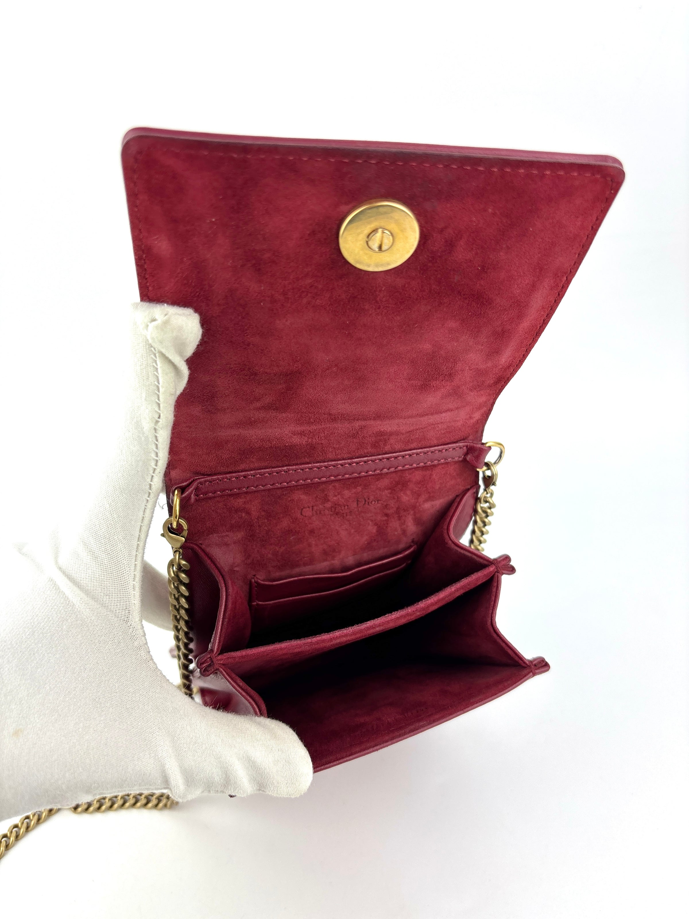 Studded Lambskin Vertical Diorama Clutch on Chain Burgundy GHW - Glampot