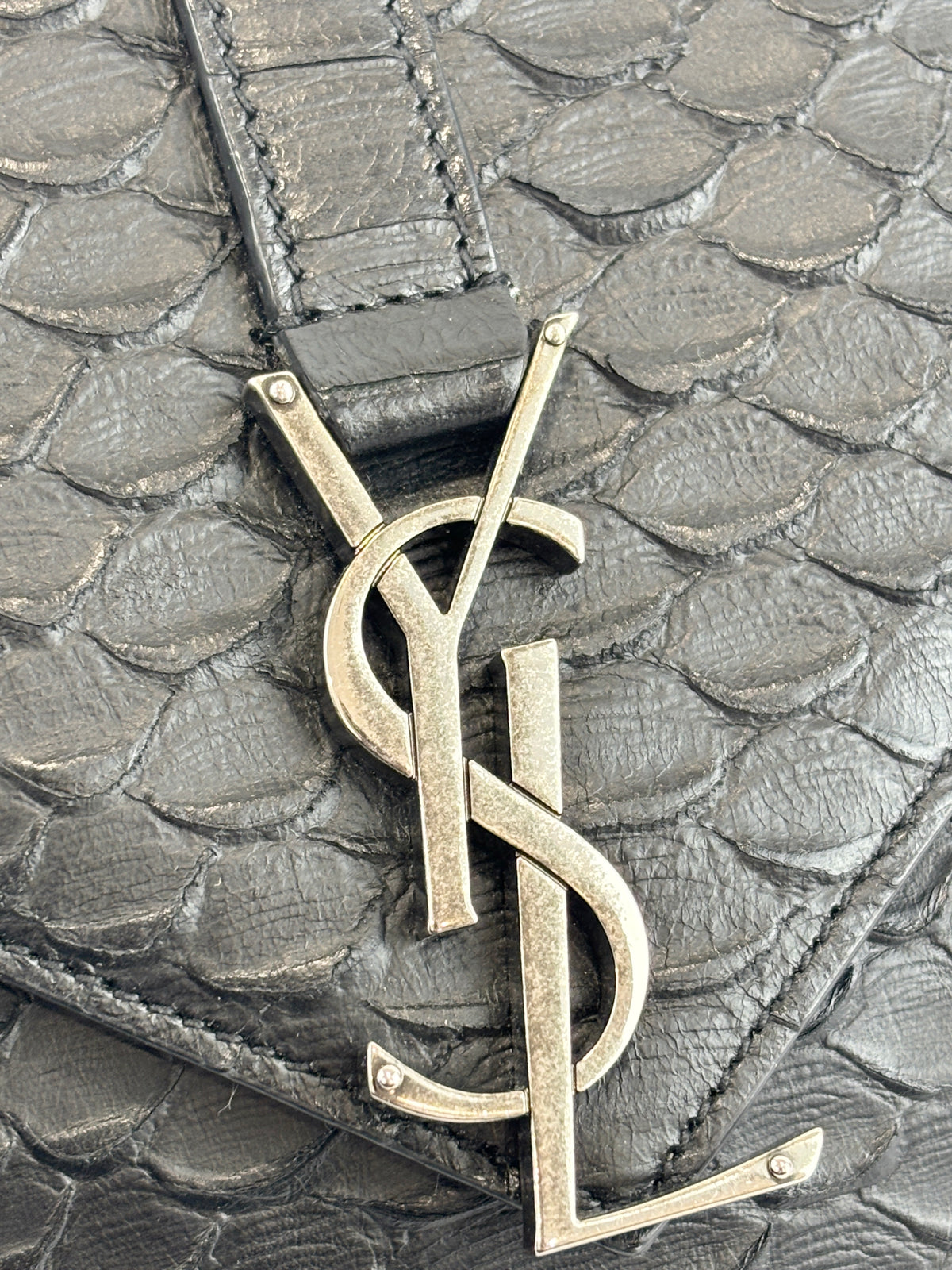 Medium College Bag in Black Python-Embossed Leather