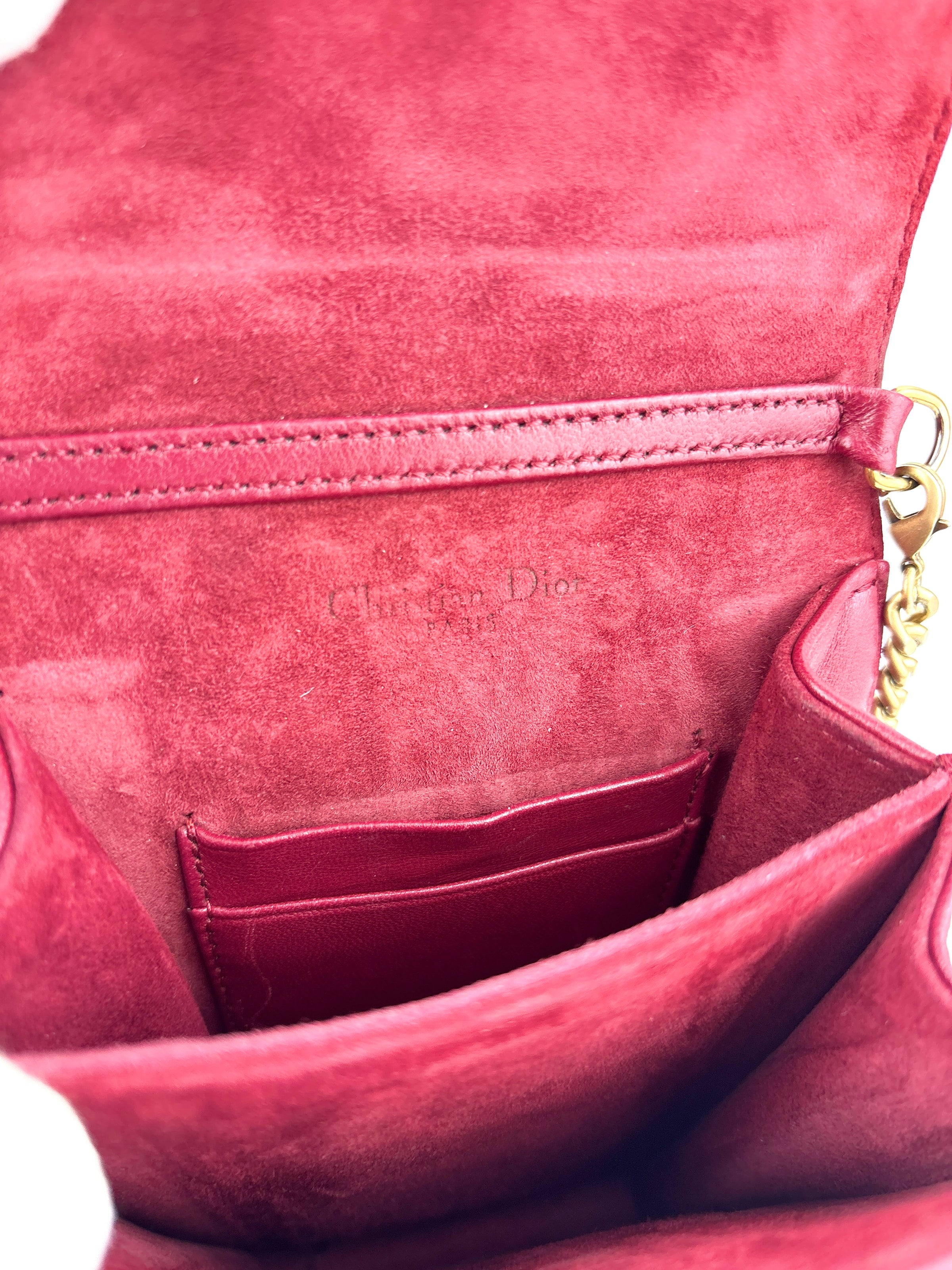 Studded Lambskin Vertical Diorama Clutch on Chain Burgundy GHW - Glampot