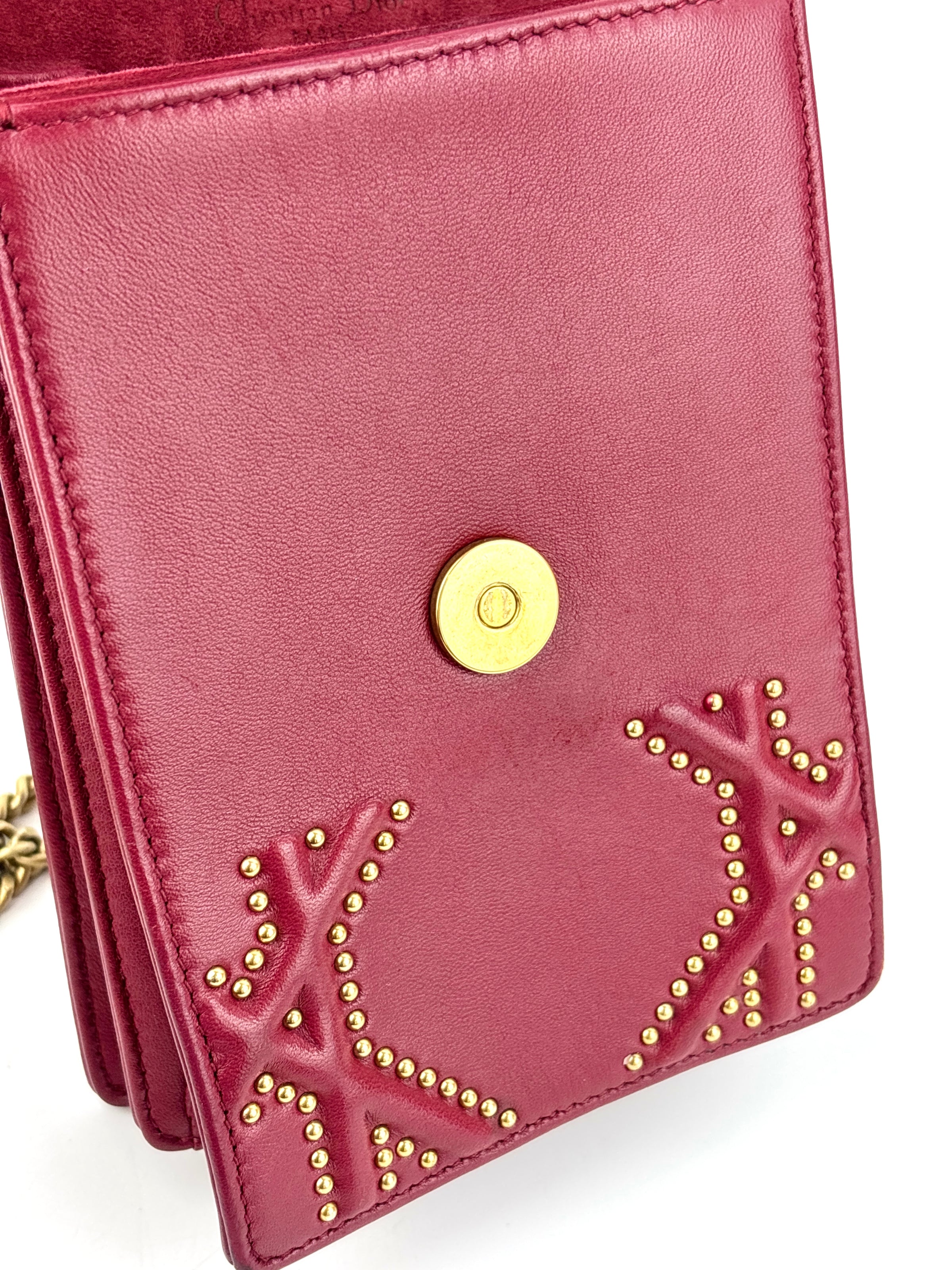 Studded Lambskin Vertical Diorama Clutch on Chain Burgundy GHW - Glampot