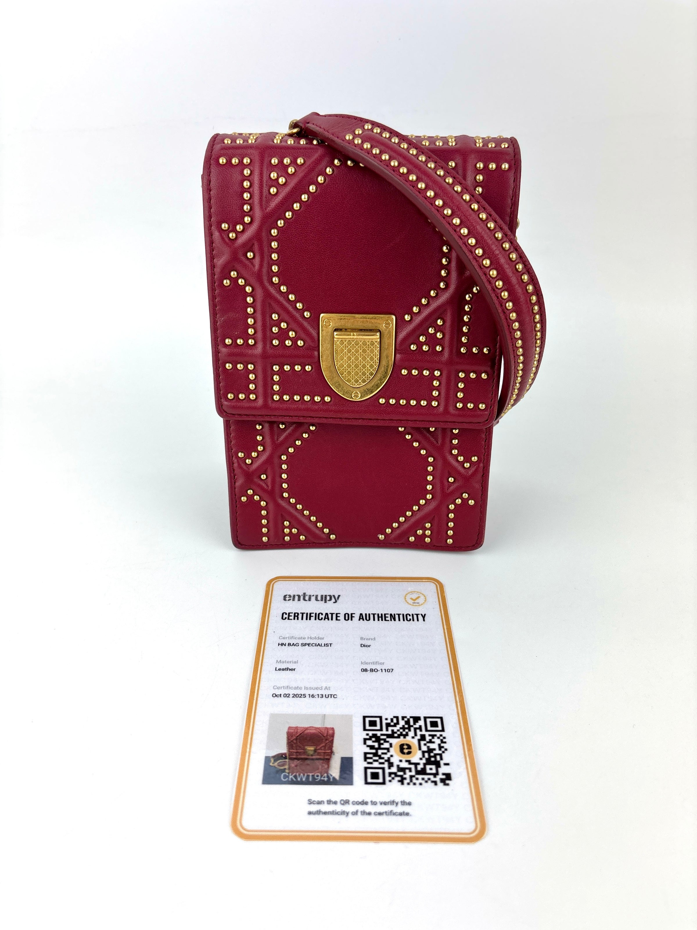 Studded Lambskin Vertical Diorama Clutch on Chain Burgundy GHW - Glampot