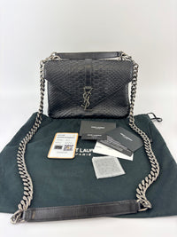 Medium College Bag in Black Python-Embossed Leather