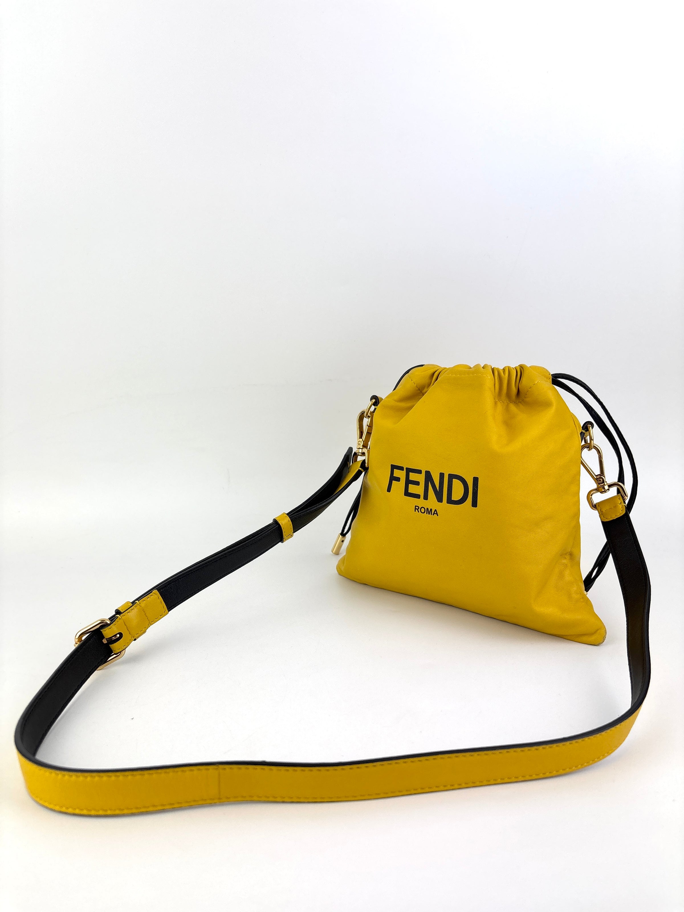 Yellow Fendi Roma Drawstring Pouch Bag with Strap