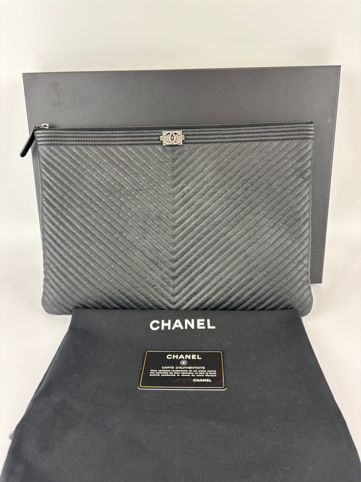 Boy Large O Case Chevron Caviar Clutch in Black