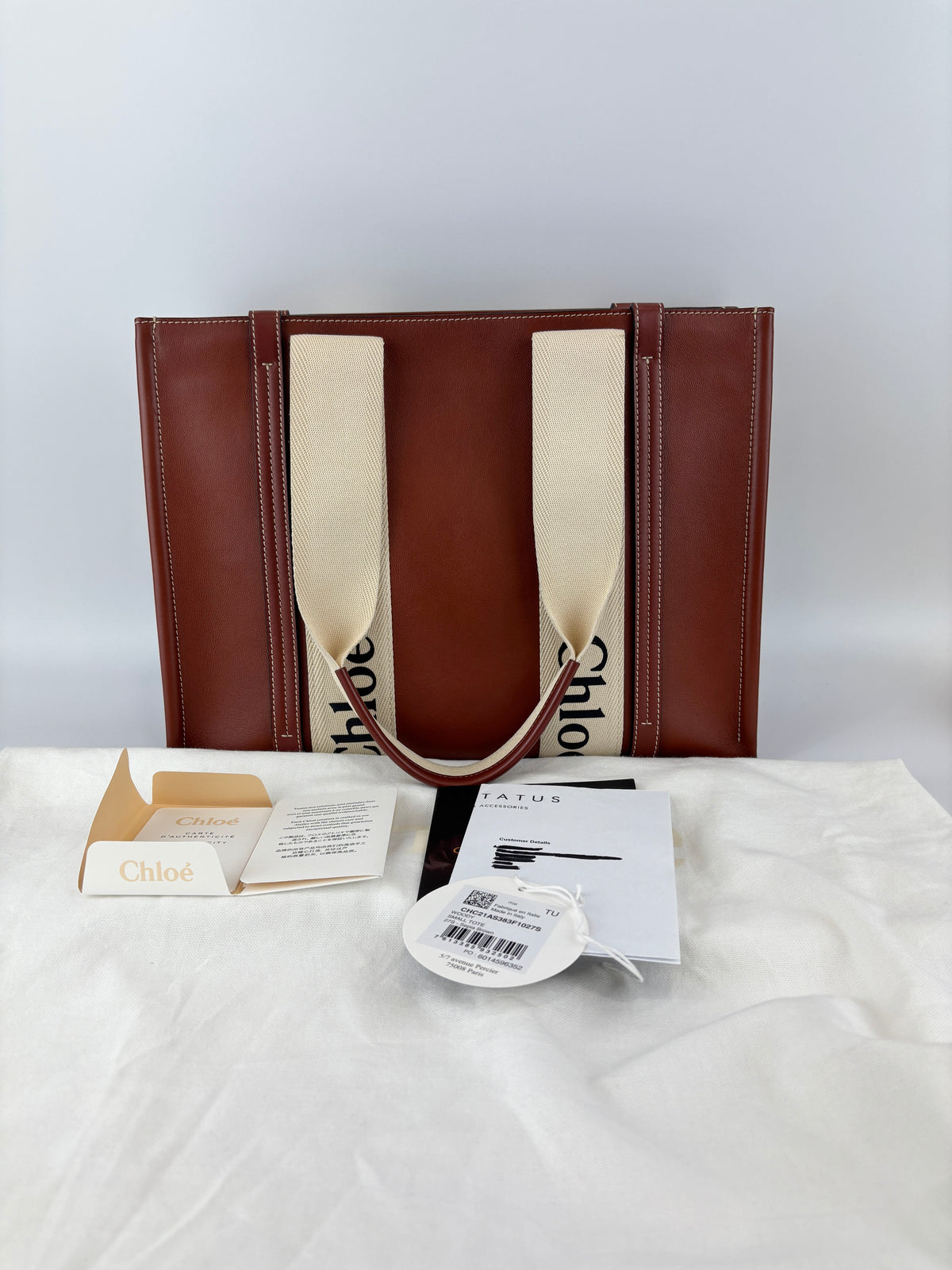 Calfskin Medium Woody Ribbon Tote in Sepia Brown