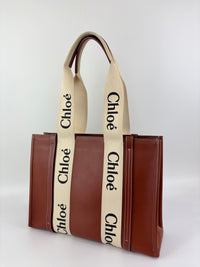 Calfskin Medium Woody Ribbon Tote in Sepia Brown