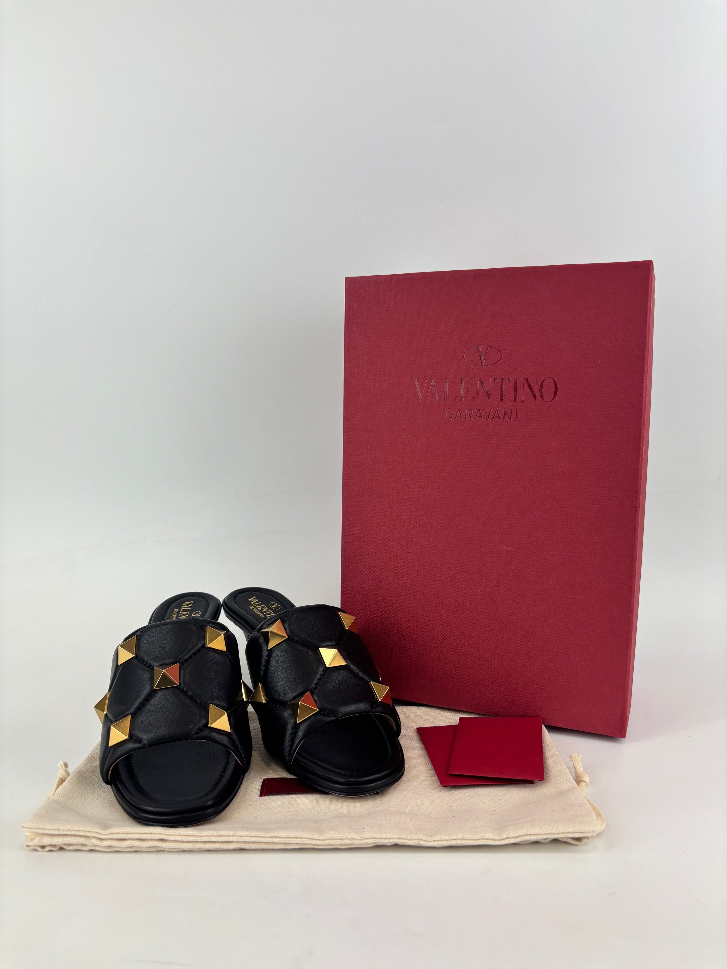 Roman Stud Slide Sandals Quilted Black Nappa GHW Size 38