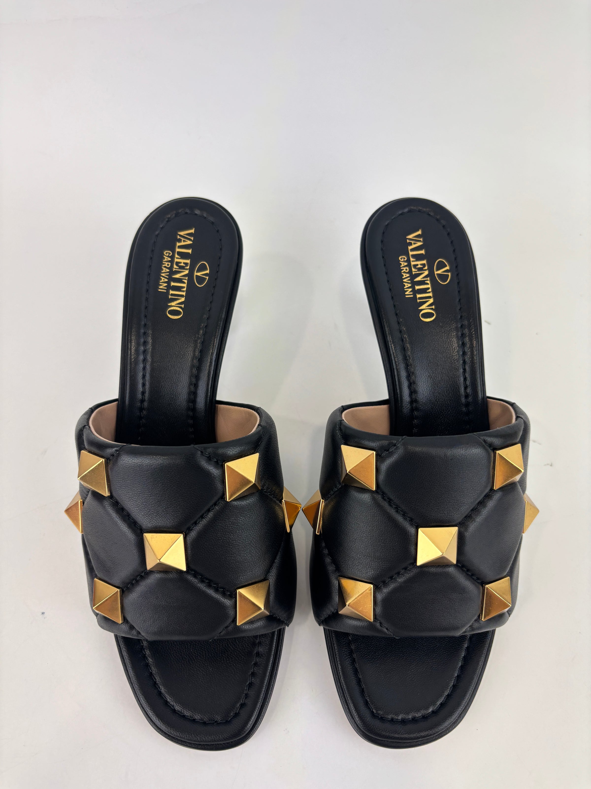 Roman Stud Slide Sandals Quilted Black Nappa GHW Size 38