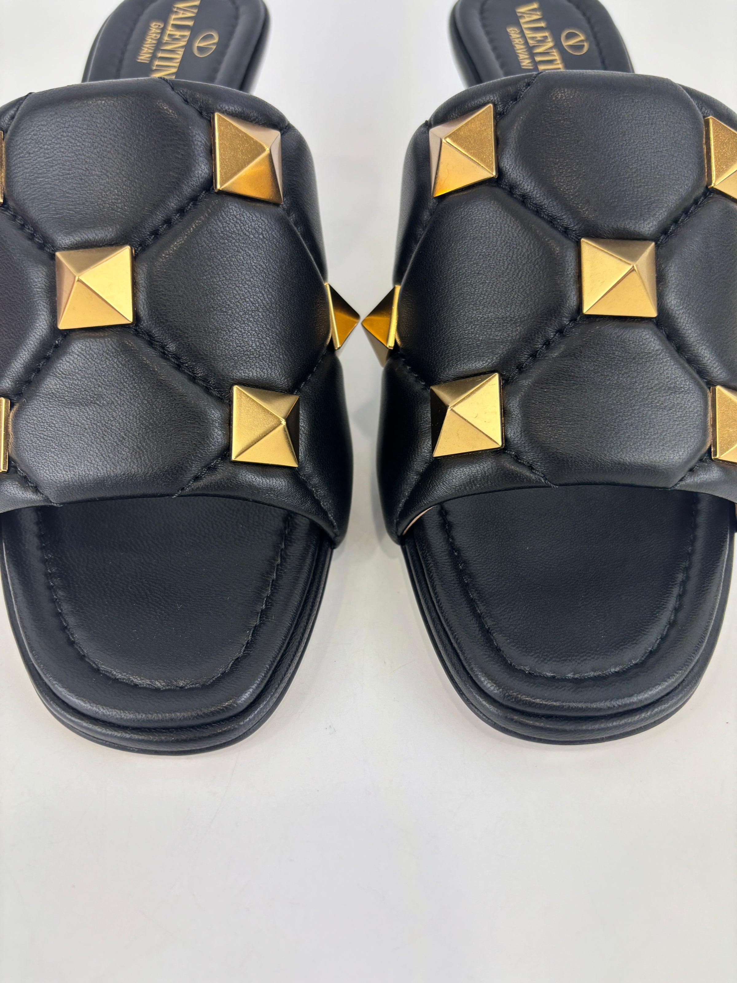 Roman Stud Slide Sandals Quilted Black Nappa GHW Size 38