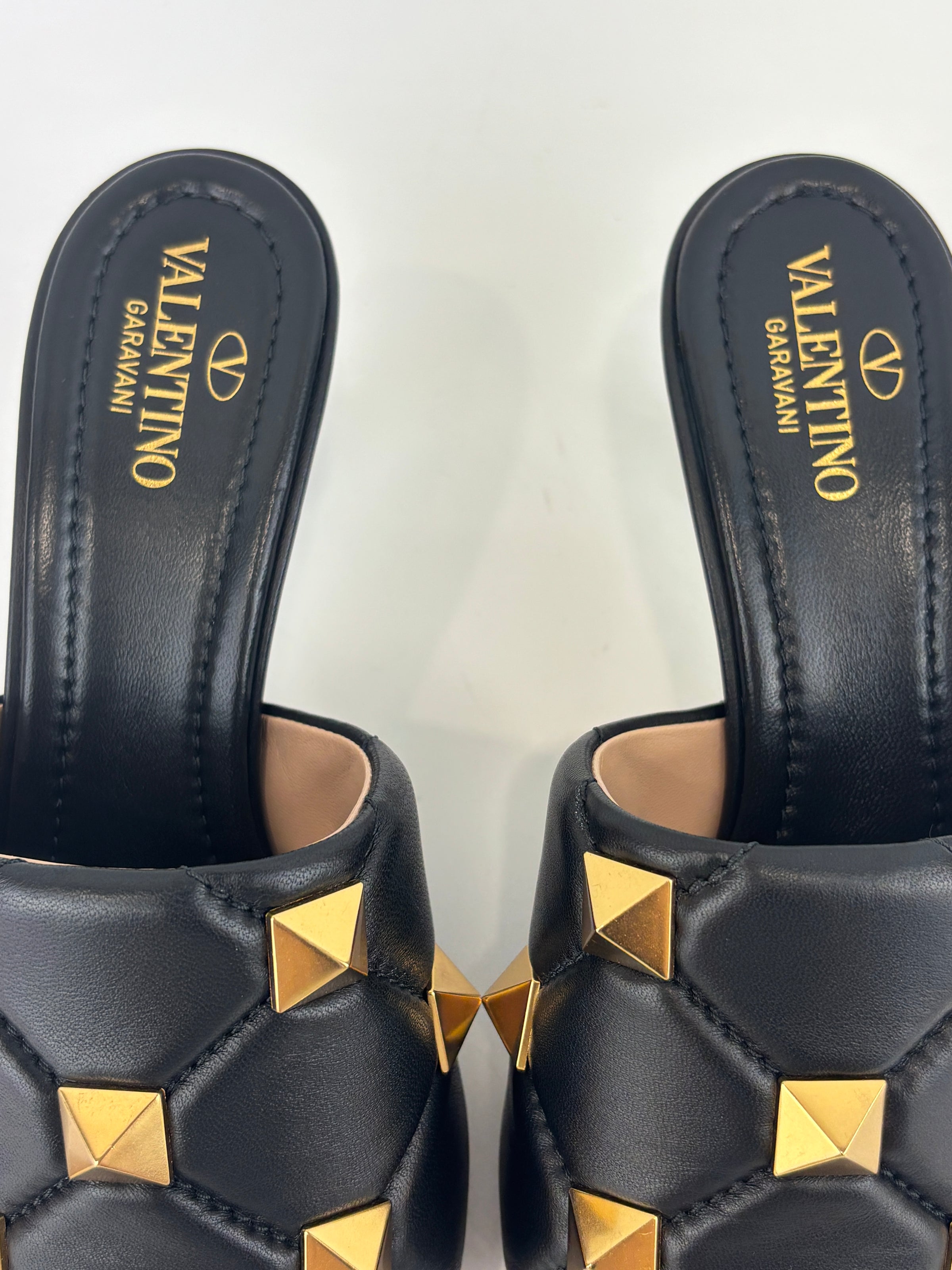 Roman Stud Slide Sandals Quilted Black Nappa GHW Size 38