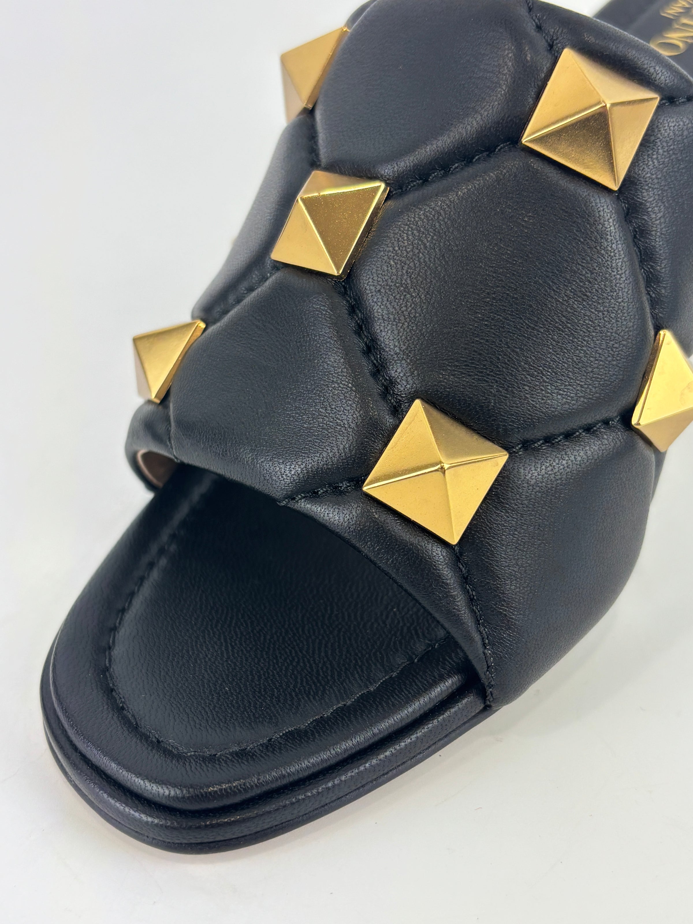 Roman Stud Slide Sandals Quilted Black Nappa GHW Size 38