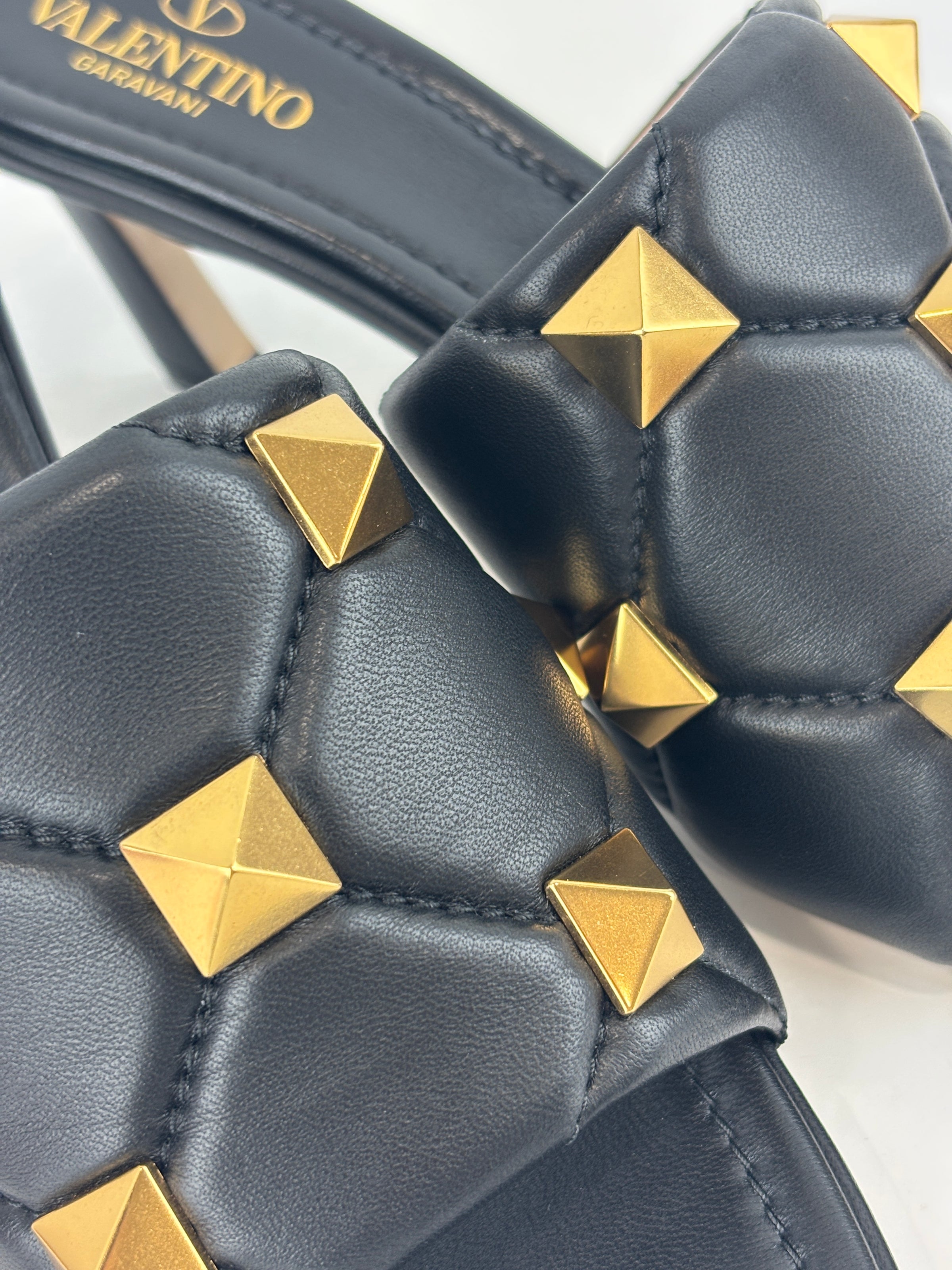 Roman Stud Slide Sandals Quilted Black Nappa GHW Size 38
