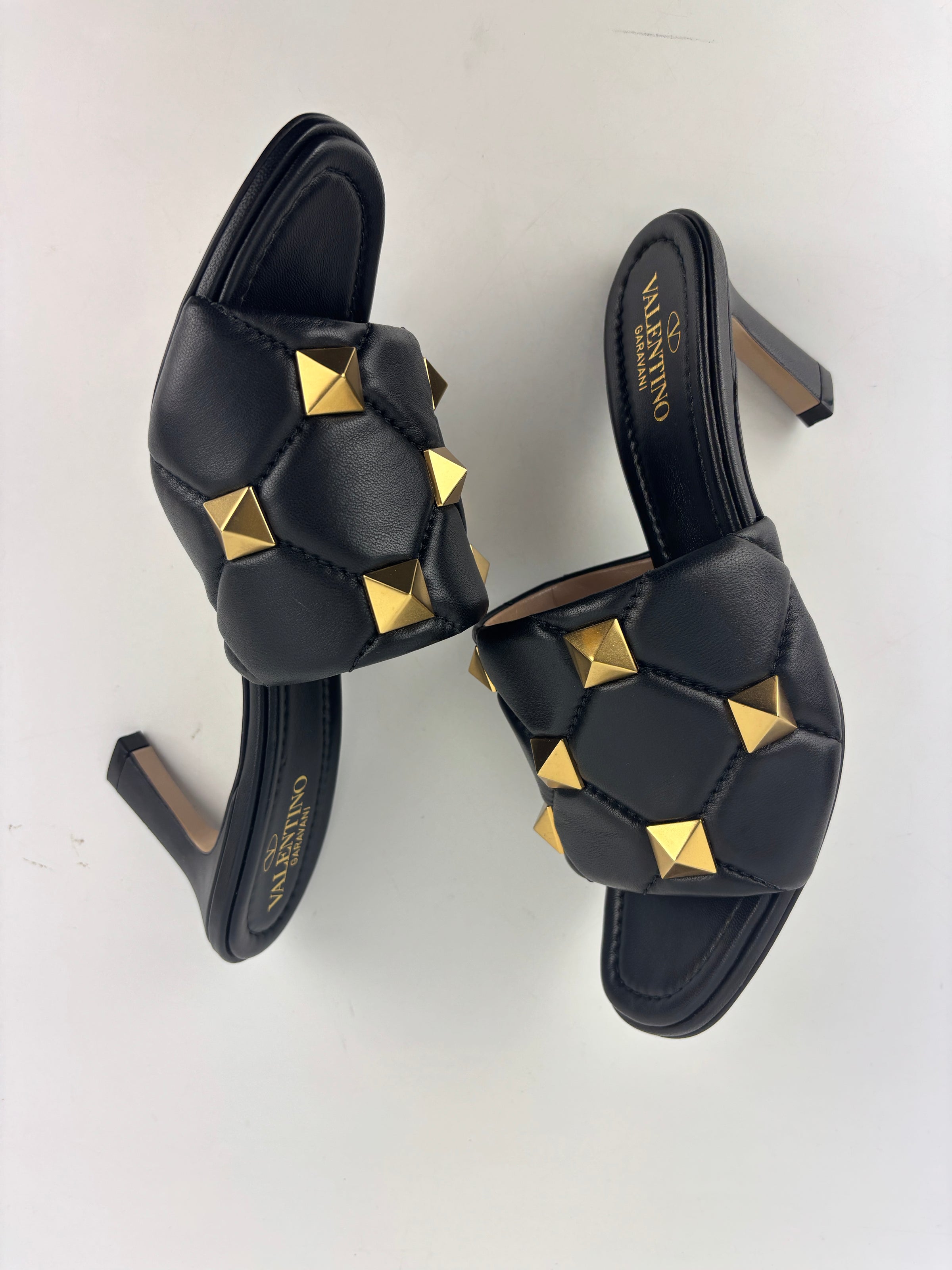 Roman Stud Slide Sandals Quilted Black Nappa GHW Size 38