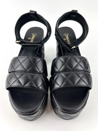 Platform Chunky Heels Black Quilted Lambskin Leather  Size 37
