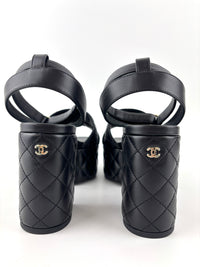 Platform Chunky Heels Black Quilted Lambskin Leather  Size 37