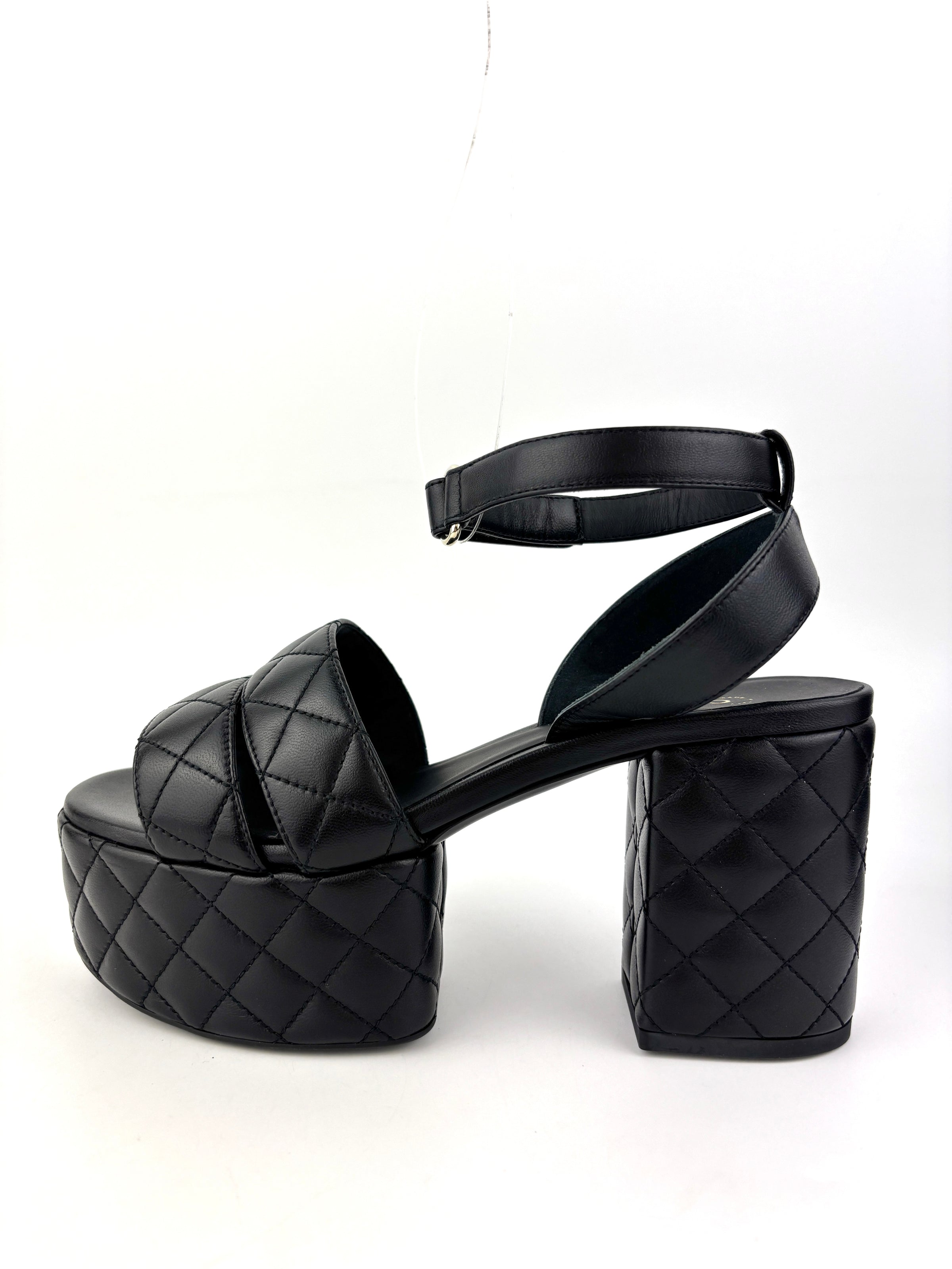Platform Chunky Heels Black Quilted Lambskin Leather  Size 37