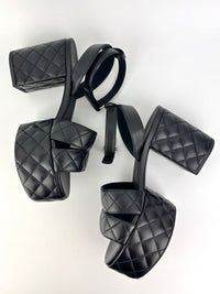 Platform Chunky Heels Black Quilted Lambskin Leather  Size 37