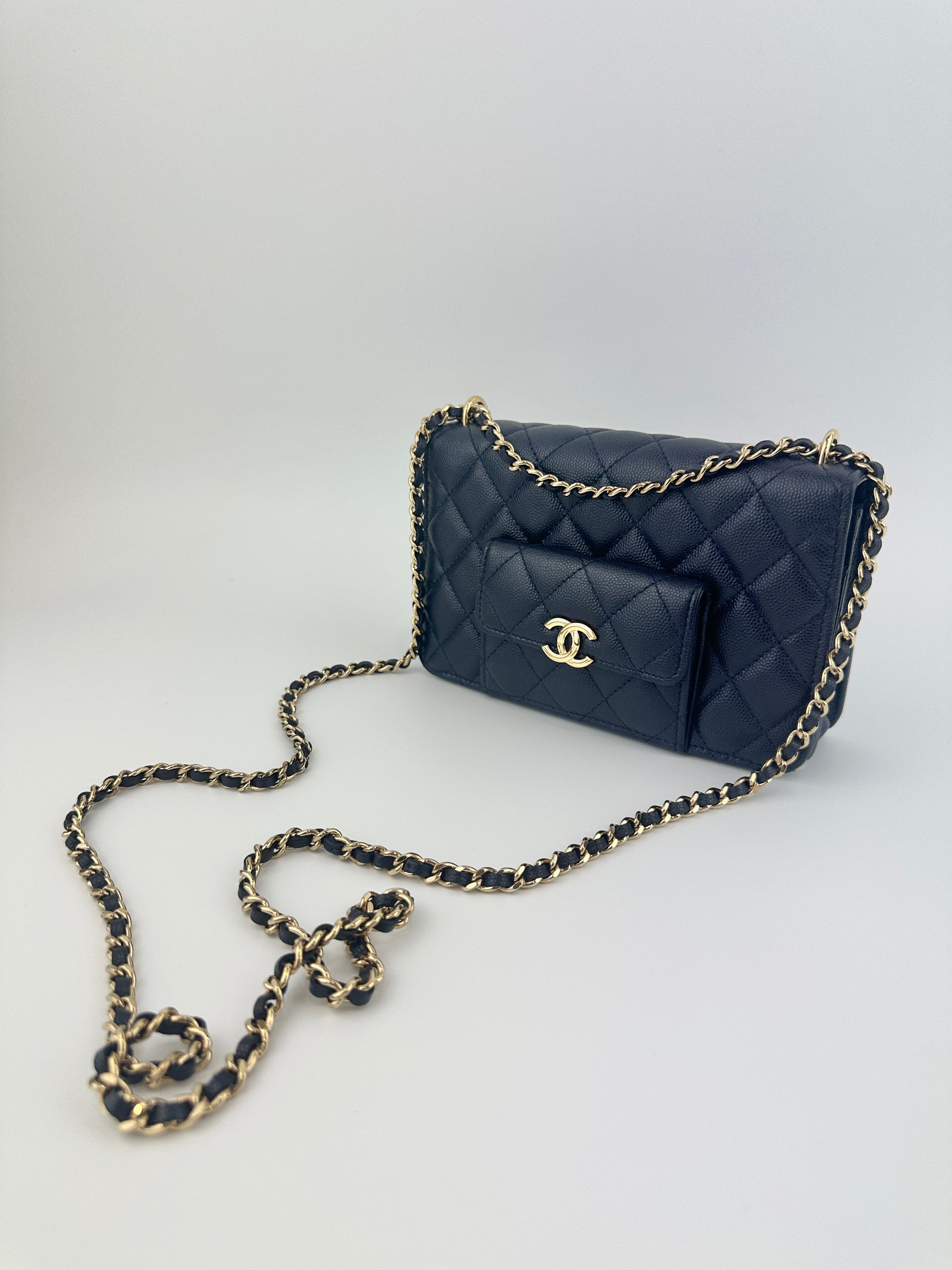 22A Pocket Twins Navy Caviar Wallet on Chain GHW