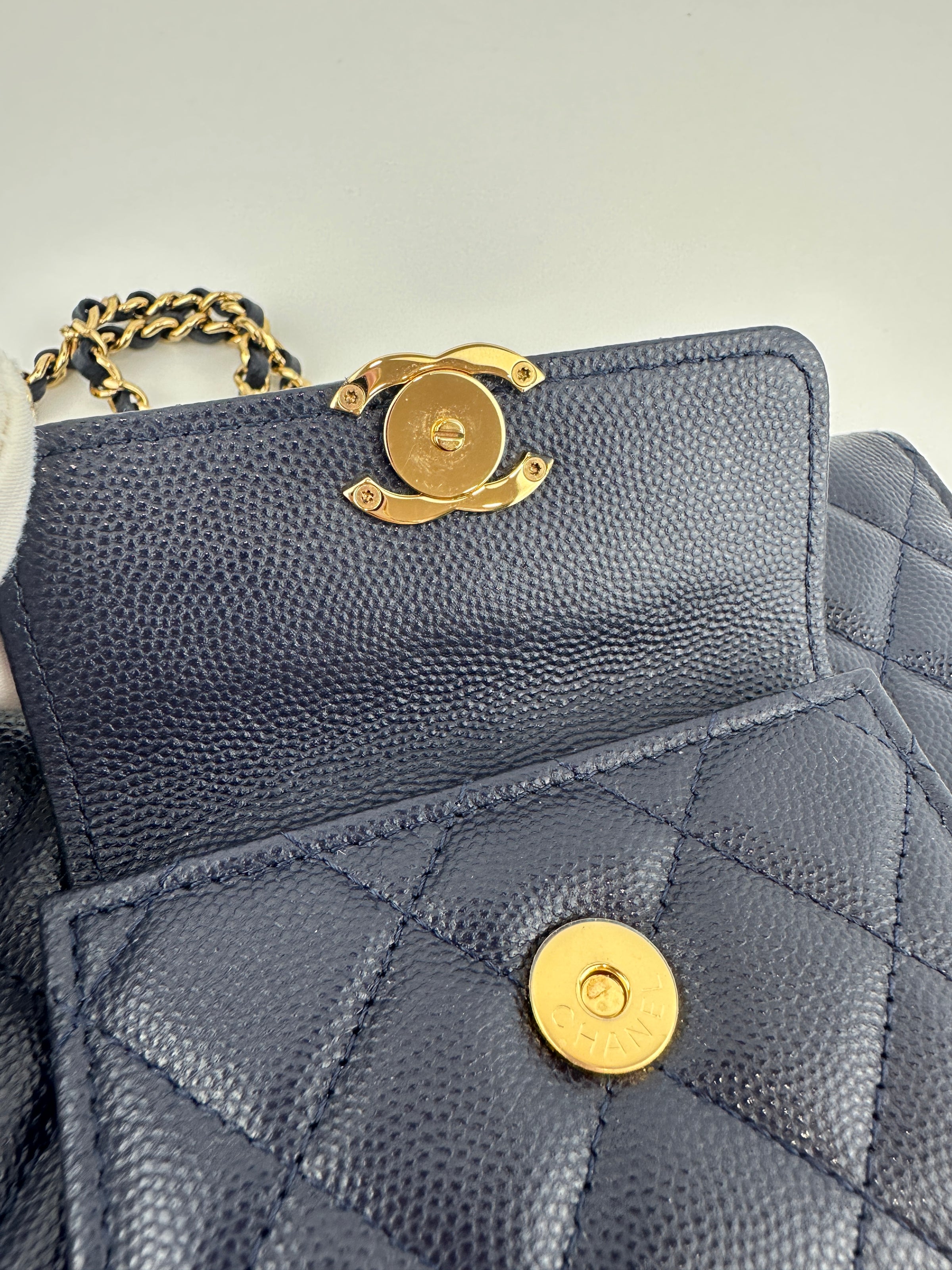 22A Pocket Twins Navy Caviar Wallet on Chain GHW