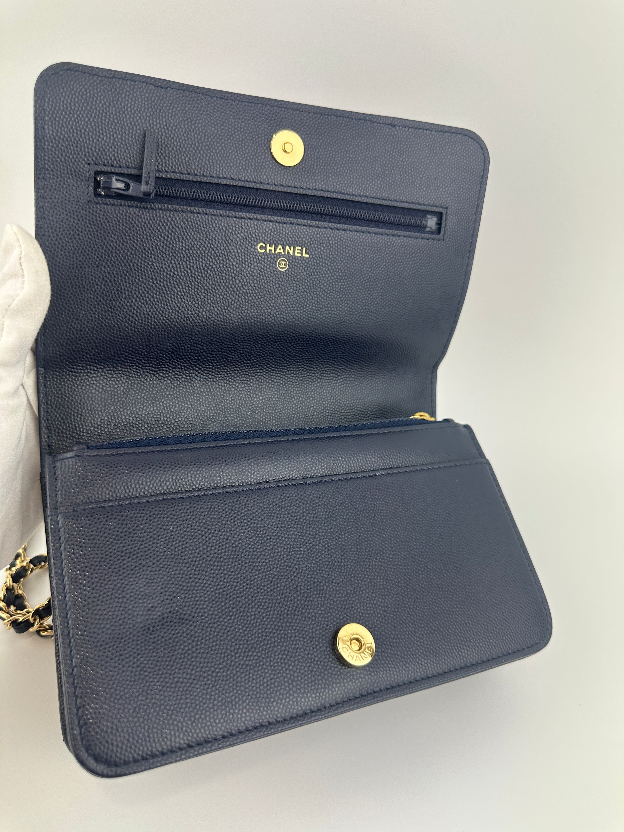 22A Pocket Twins Navy Caviar Wallet on Chain GHW