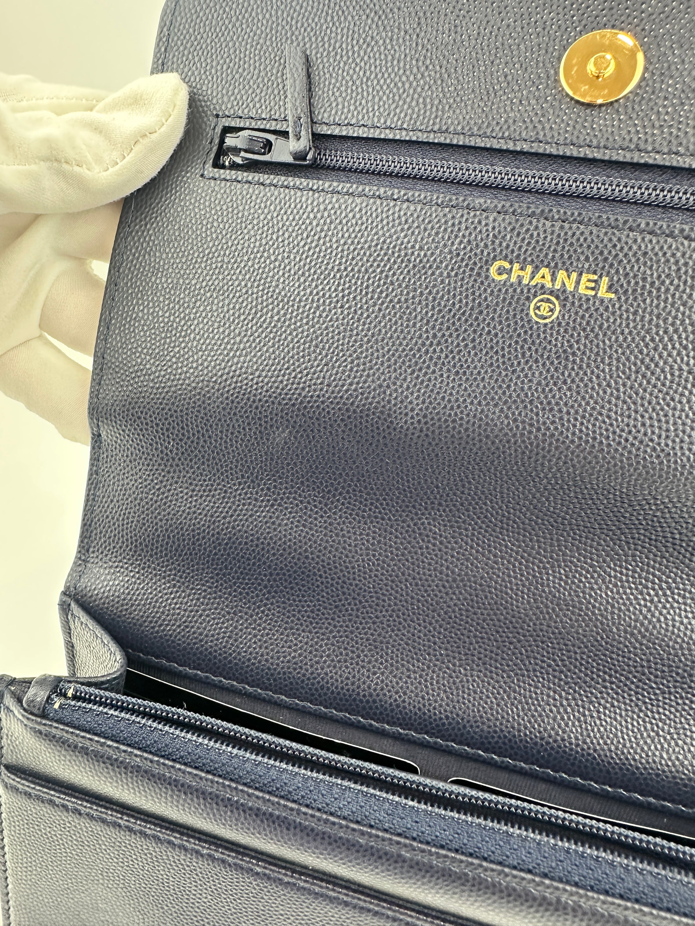 22A Pocket Twins Navy Caviar Wallet on Chain GHW