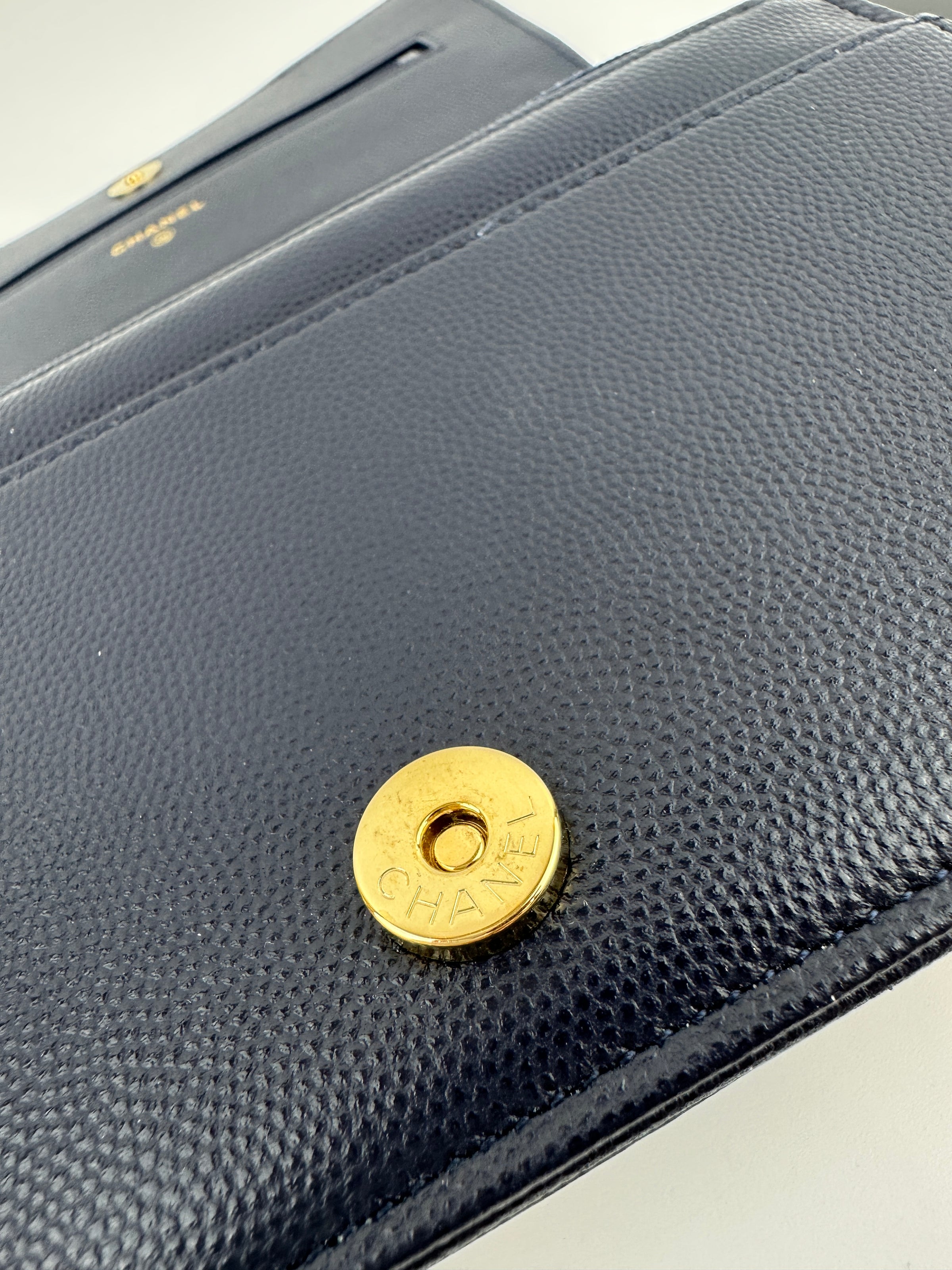 22A Pocket Twins Navy Caviar Wallet on Chain GHW