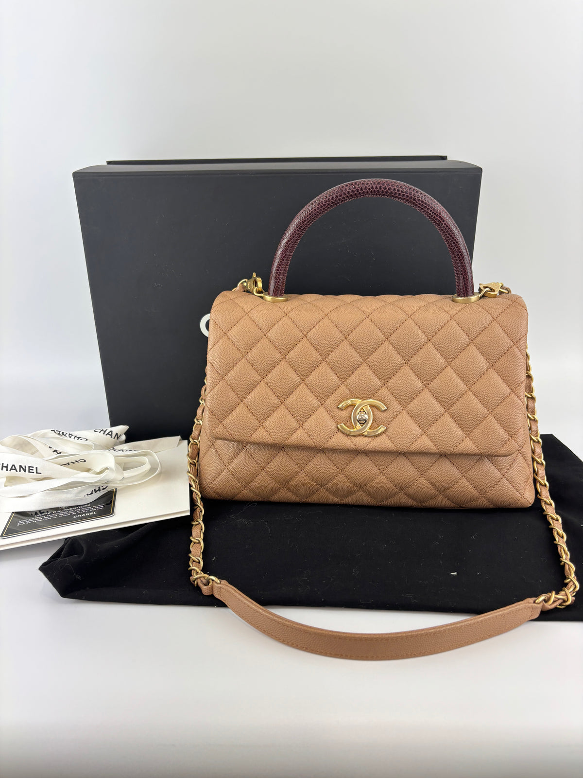 A92991 Coco Handle Medium 29cm in Brown Caviar with Lizard Handle GHW