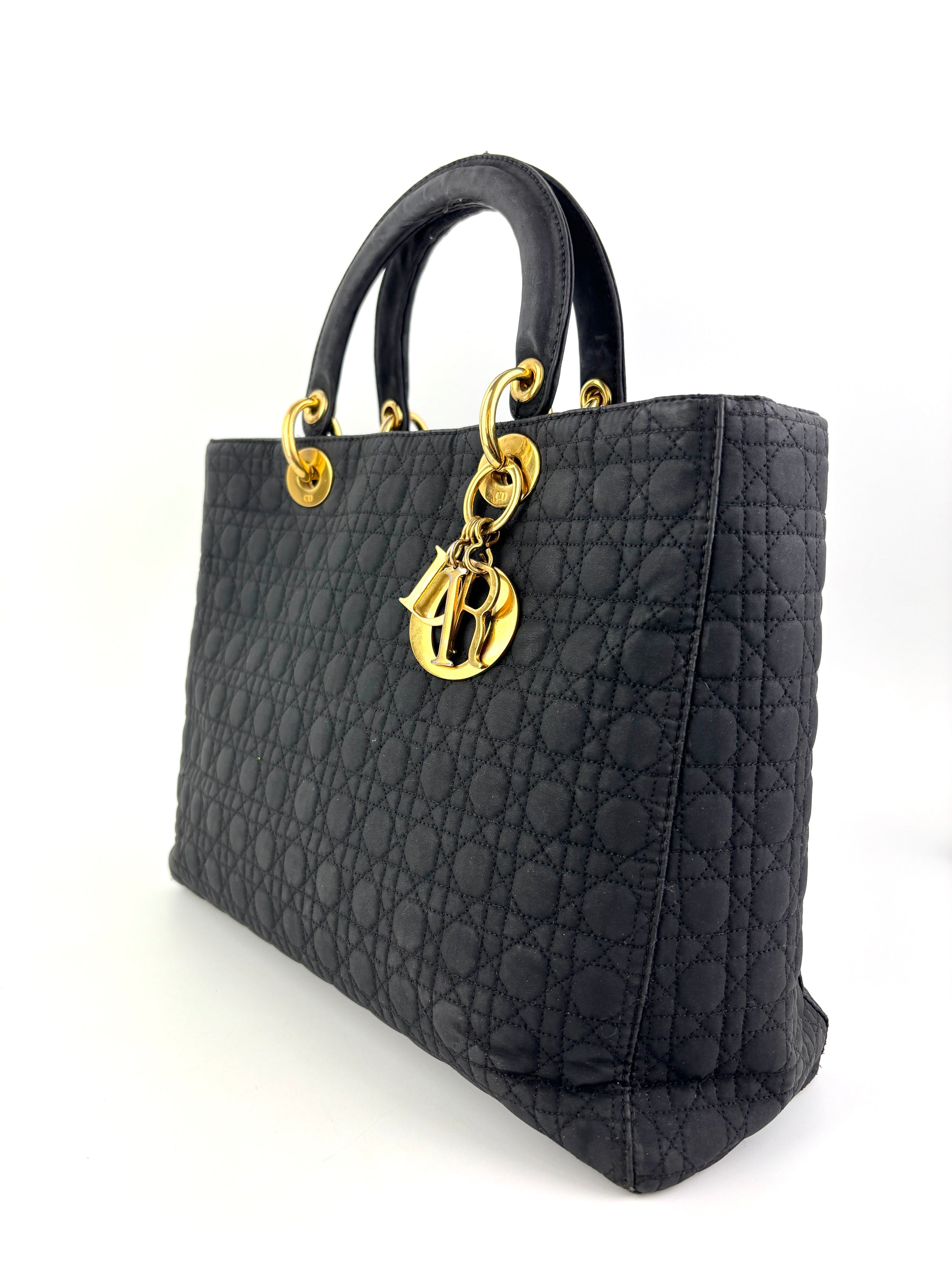 Medium Vintage Lady Dior Black Cannage Quilted Nylon Bag - Glampot