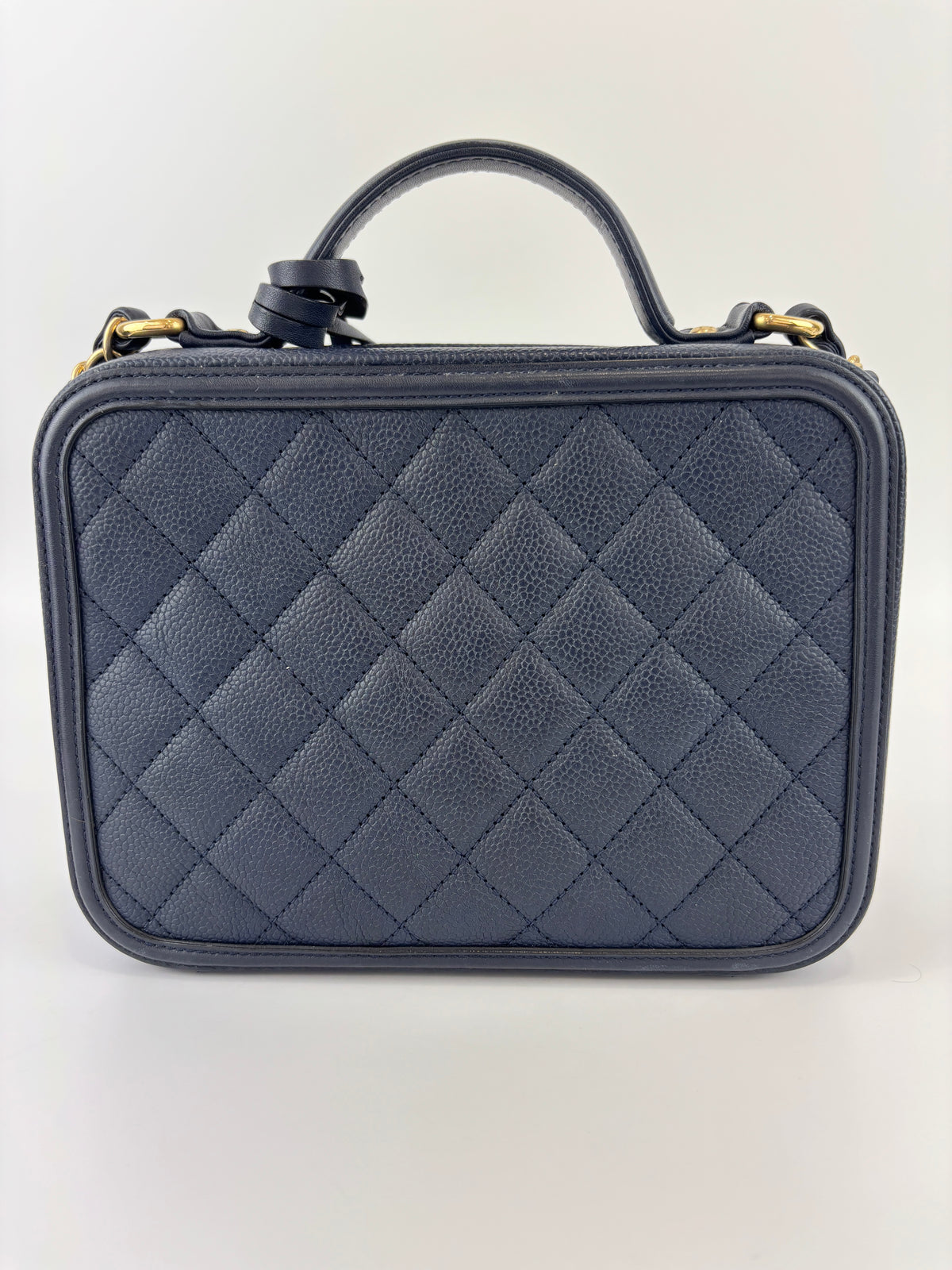 Medium Filigree Vanity Case in Navy Blue Quilted Caviar GHW