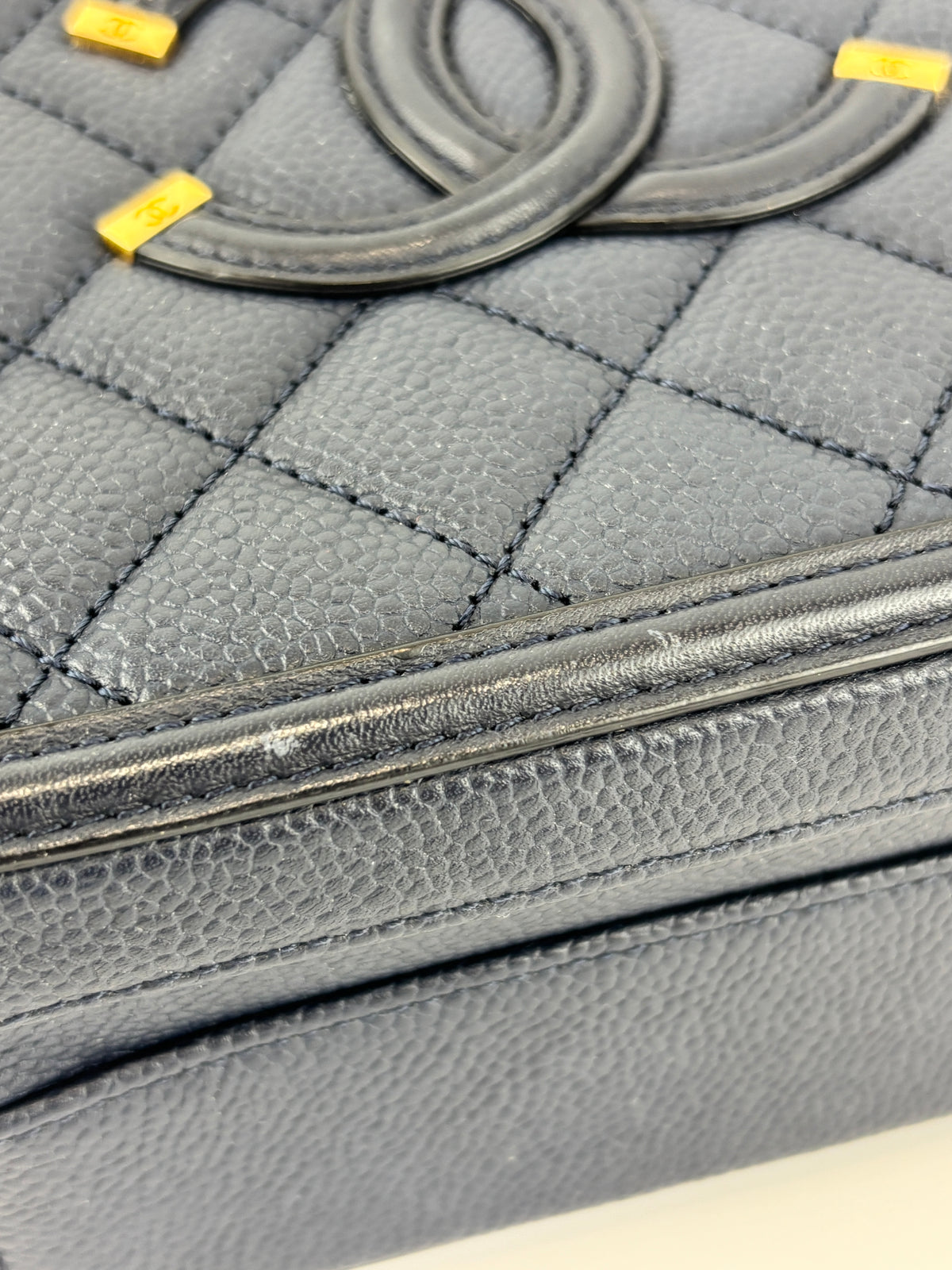 Medium Filigree Vanity Case in Navy Blue Quilted Caviar GHW