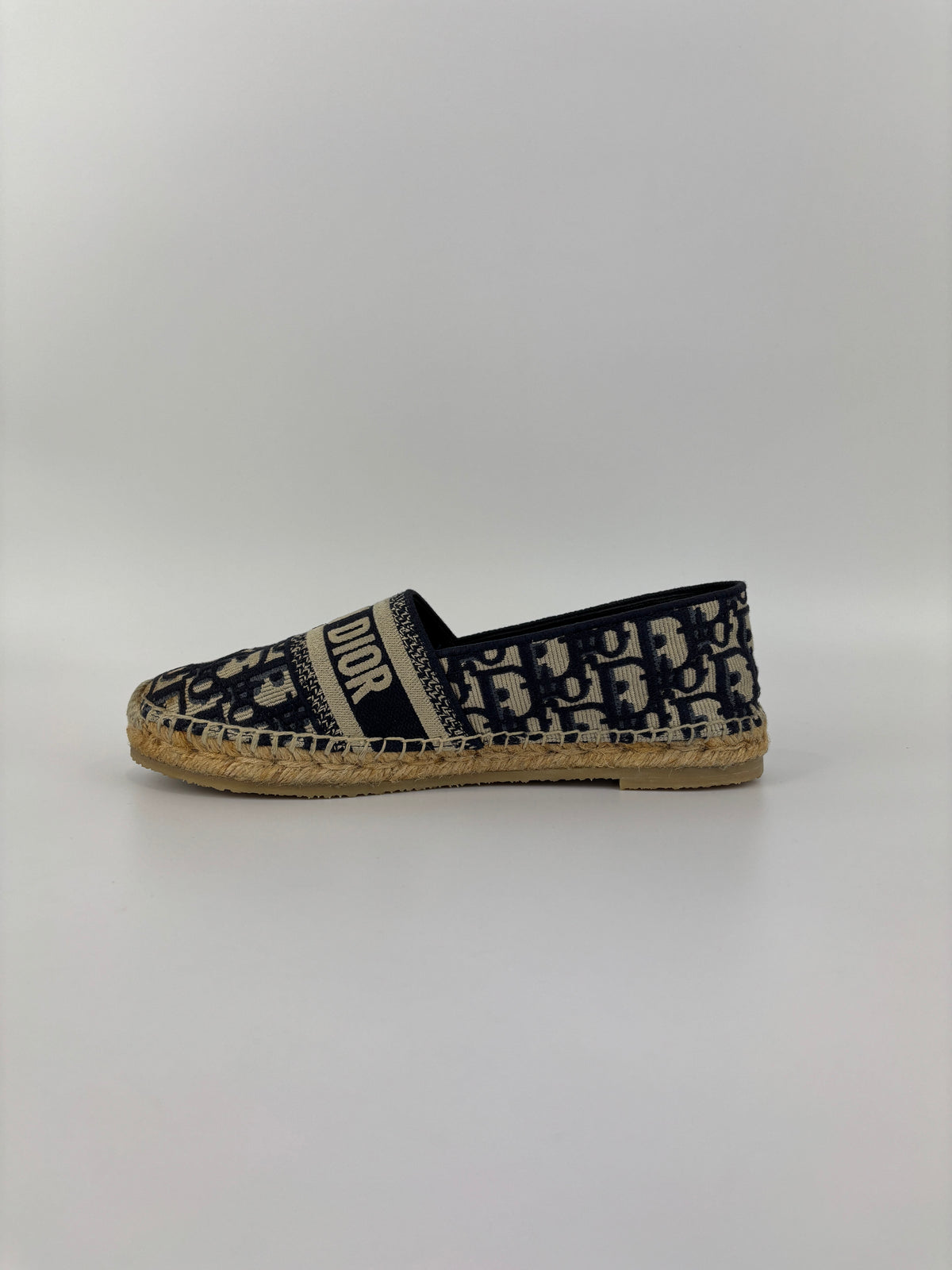 Granville Deep Blue Oblique Embroidered Cotton Espadrilles Size 38.5