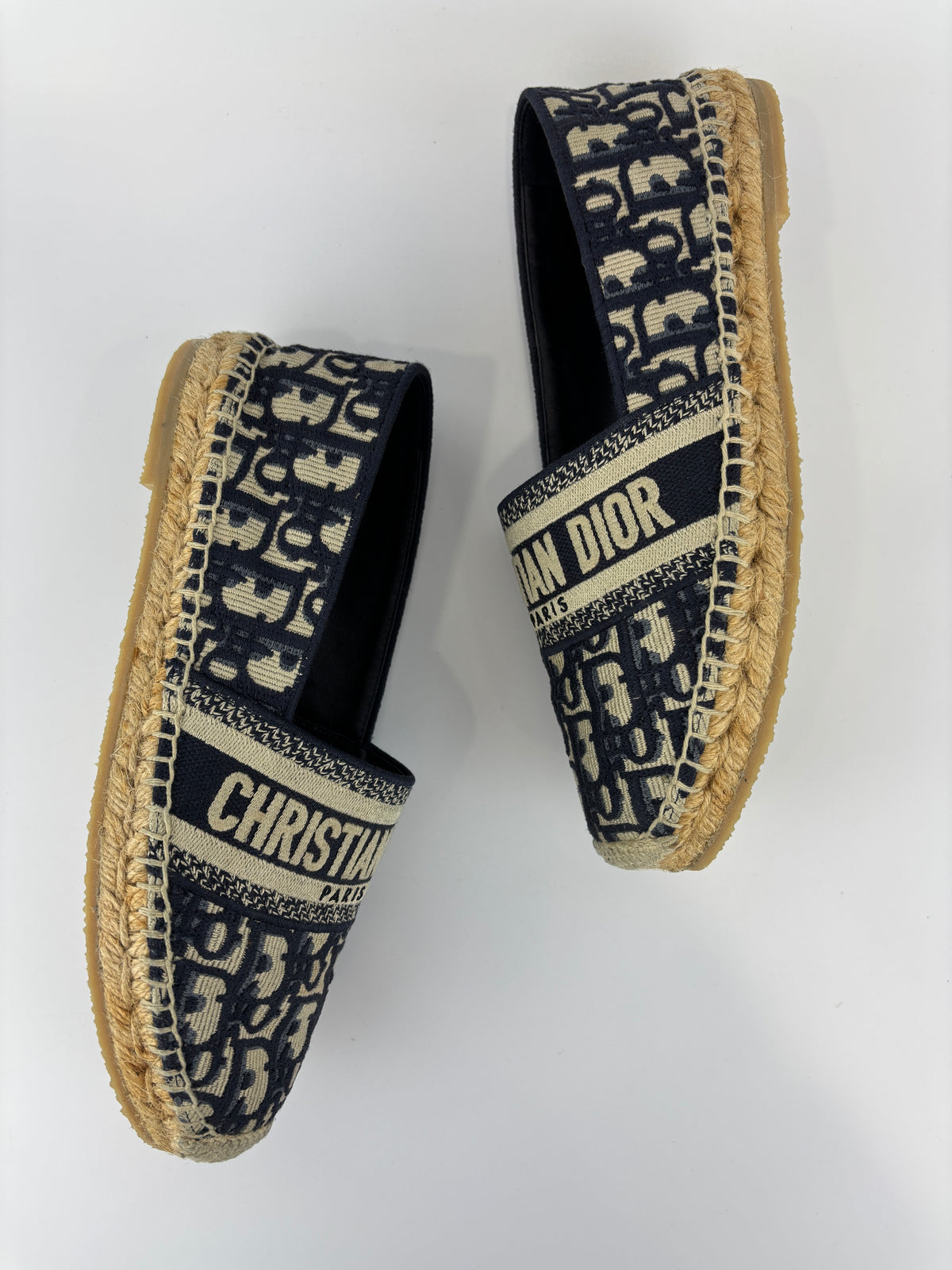 Granville Deep Blue Oblique Embroidered Cotton Espadrilles Size 38.5