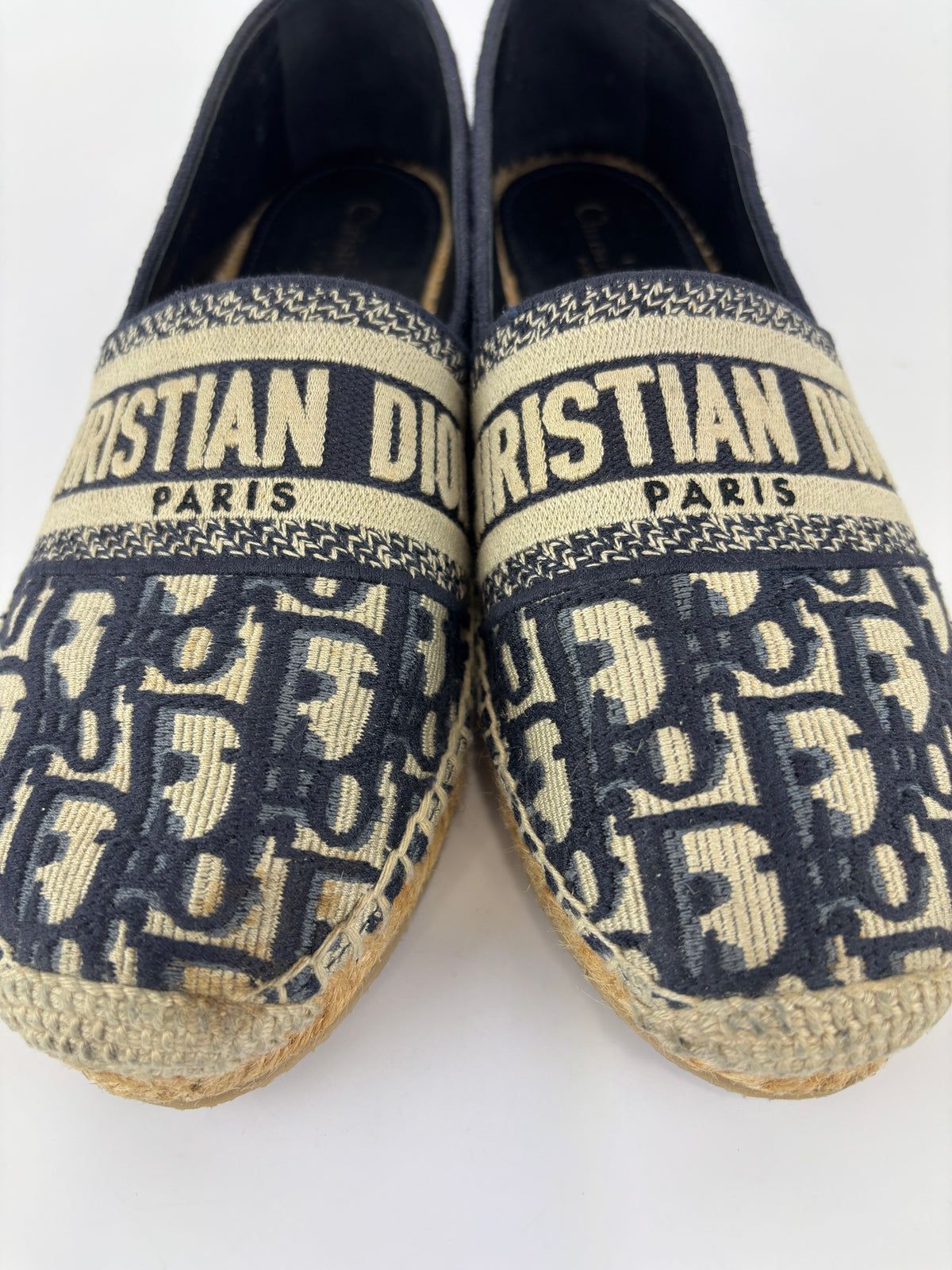 Granville Deep Blue Oblique Embroidered Cotton Espadrilles Size 38.5