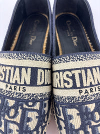Granville Deep Blue Oblique Embroidered Cotton Espadrilles Size 38.5