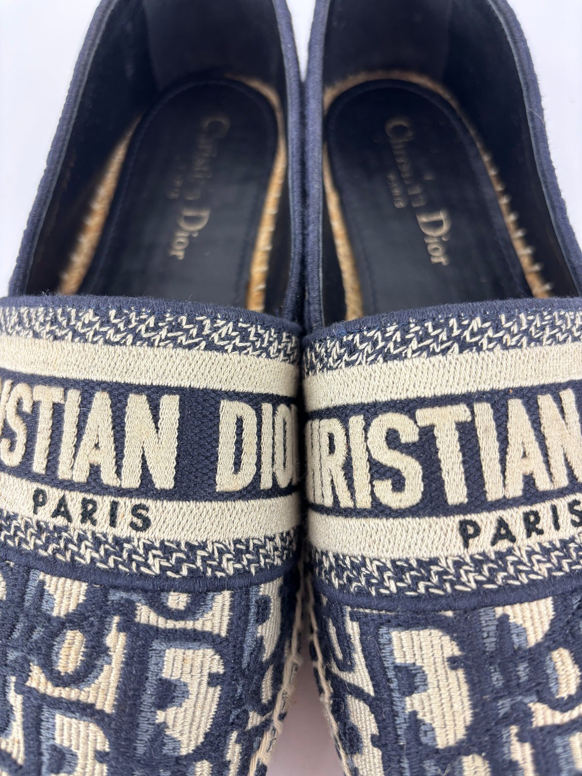 Granville Deep Blue Oblique Embroidered Cotton Espadrilles Size 38.5