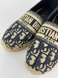 Granville Deep Blue Oblique Embroidered Cotton Espadrilles Size 38.5
