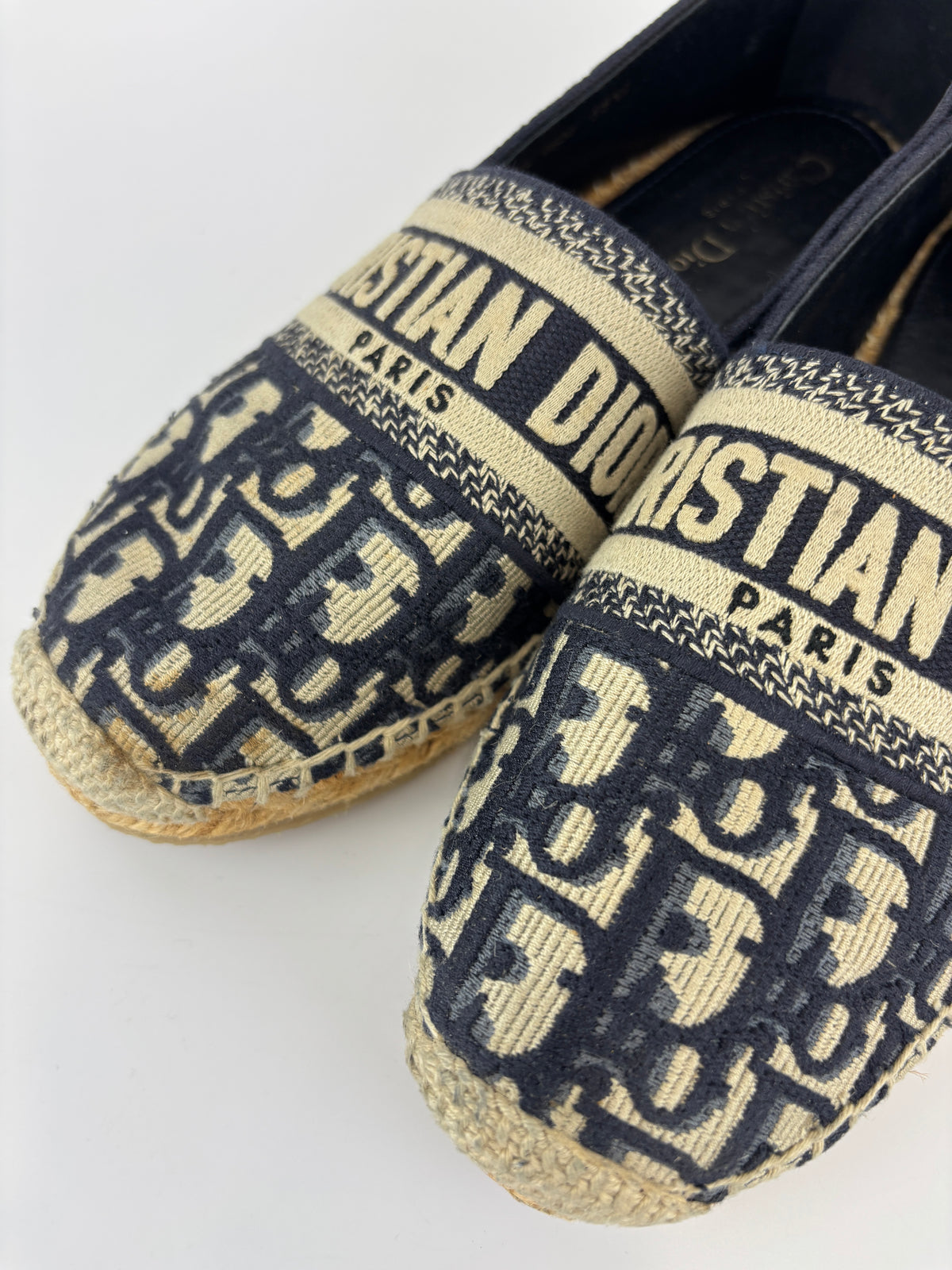 Granville Deep Blue Oblique Embroidered Cotton Espadrilles Size 38.5