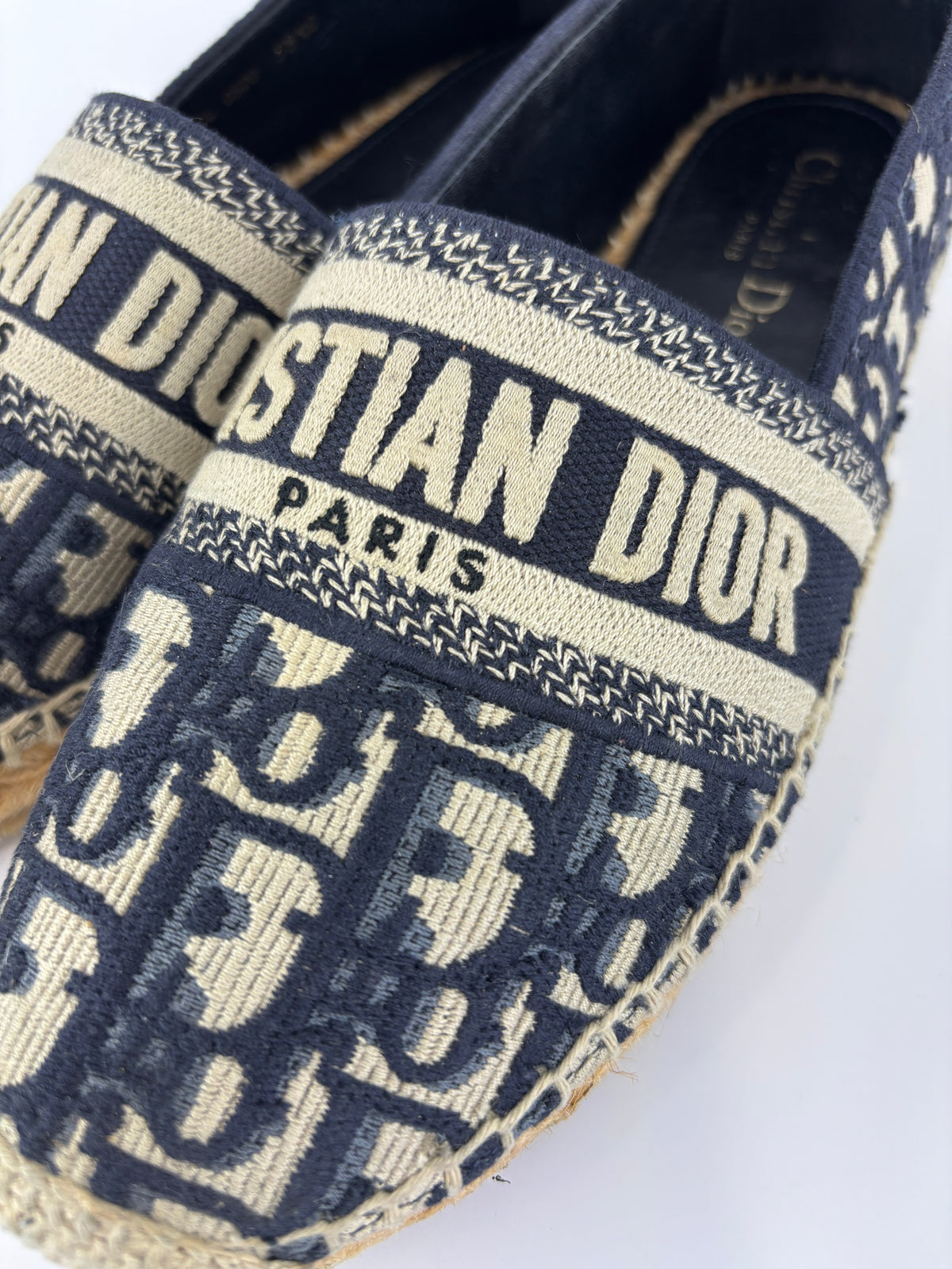 Granville Deep Blue Oblique Embroidered Cotton Espadrilles Size 38.5