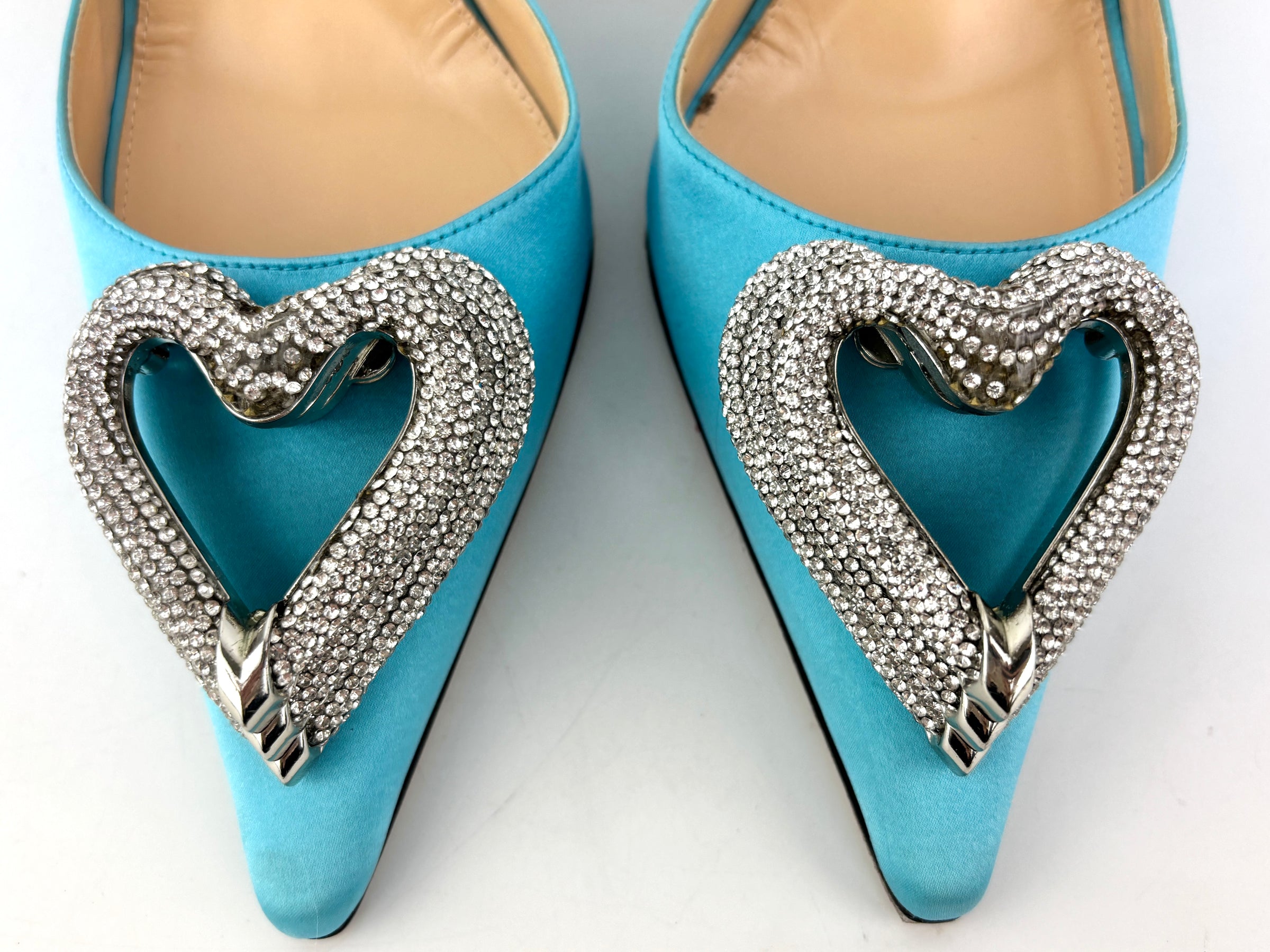 Triple Hearts Blue Satin High Heels Size 41