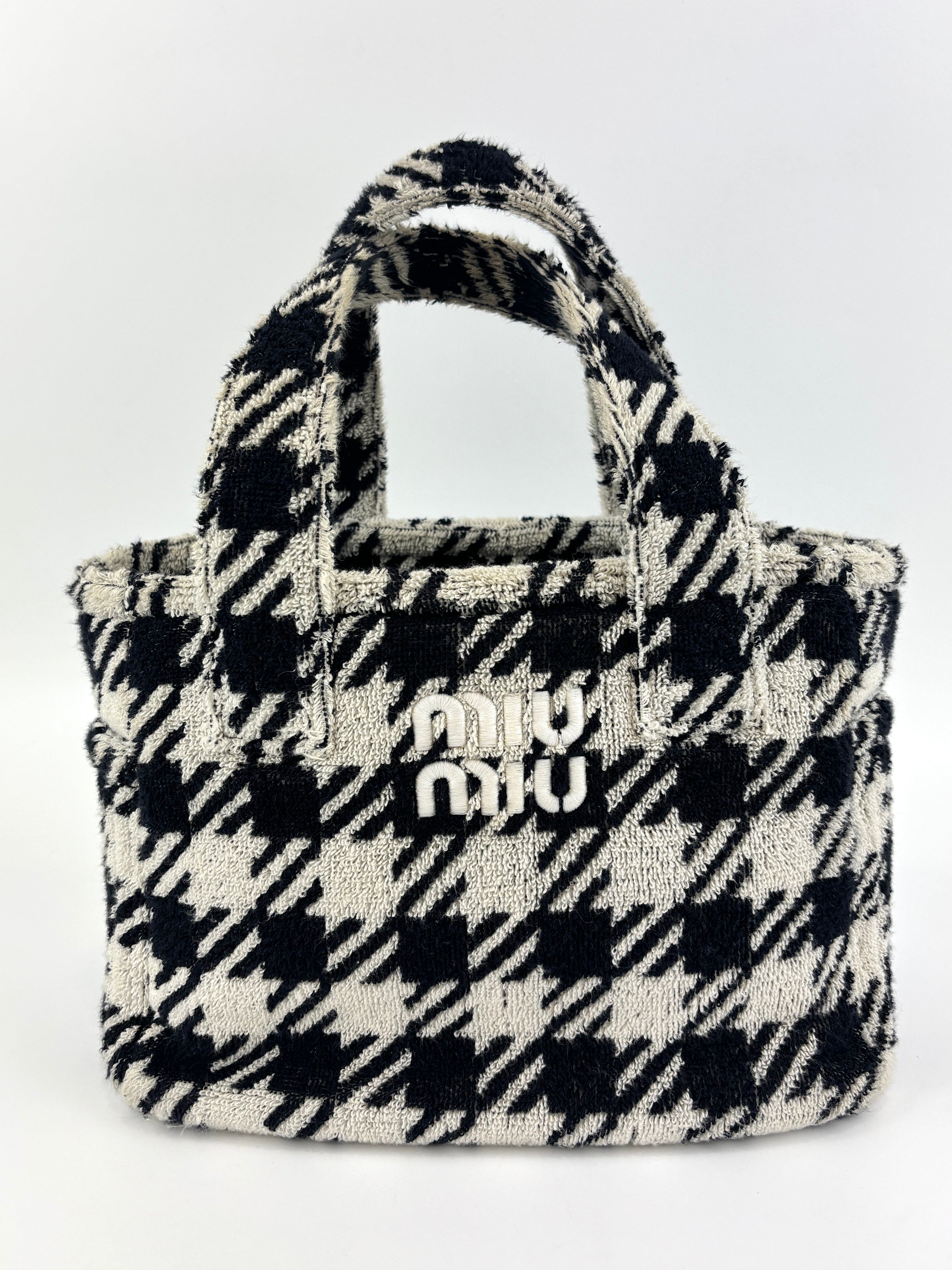 5BA228 Terry Cloth Houndstooth 2 Way Tote Nero / Avorio