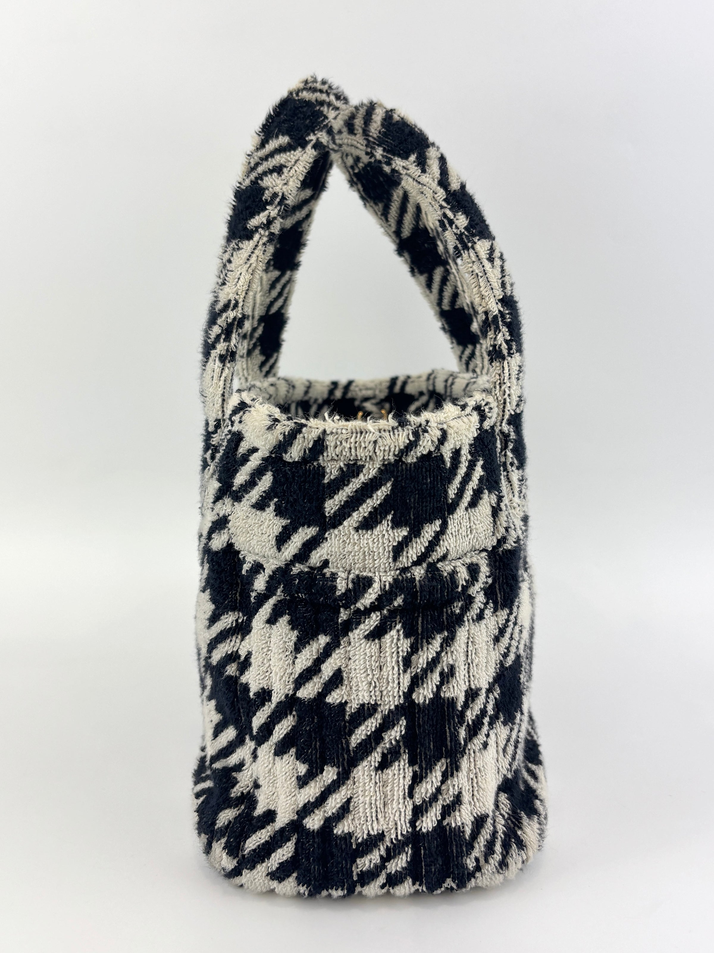 5BA228 Terry Cloth Houndstooth 2 Way Tote Nero / Avorio