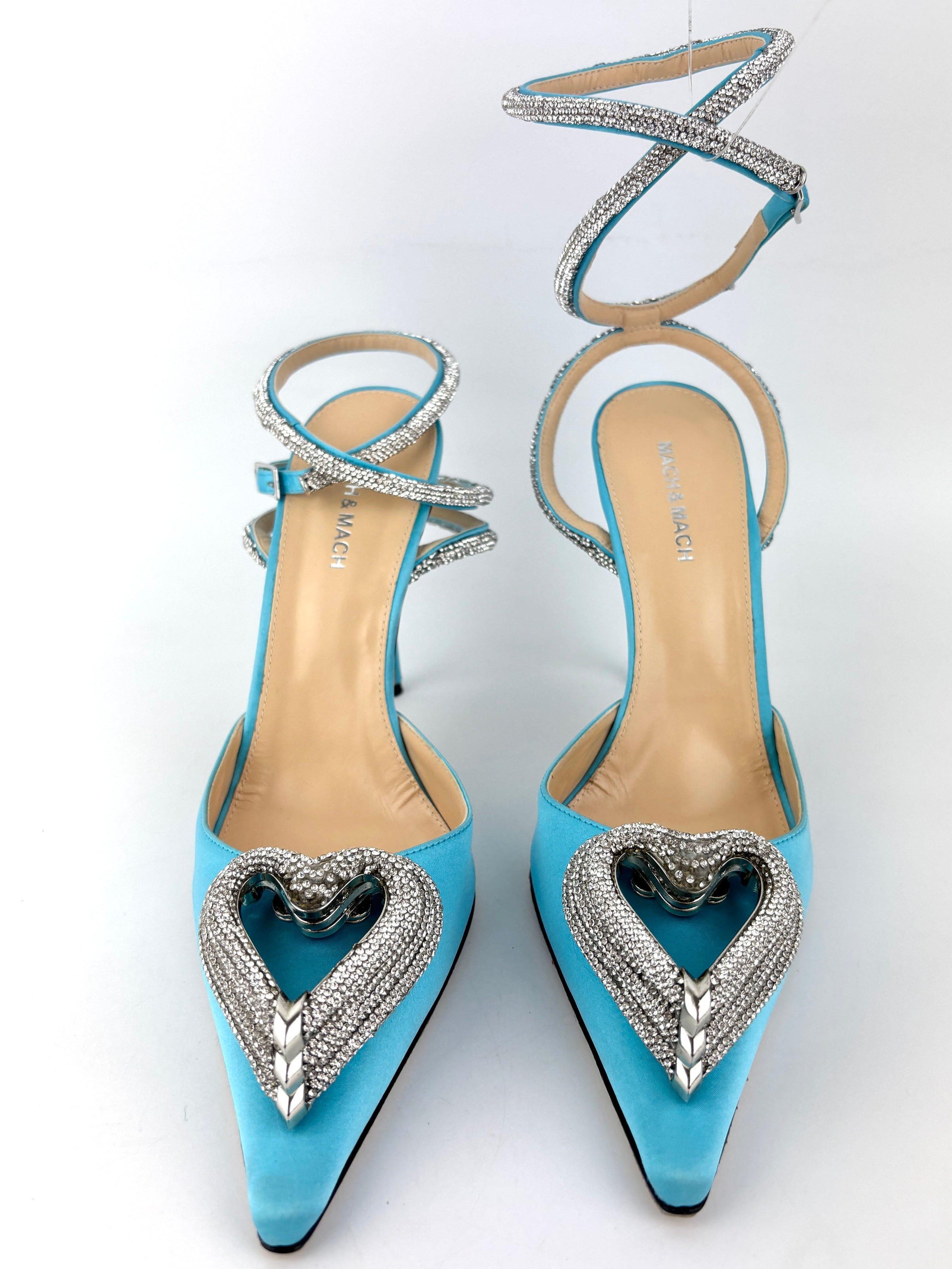 Triple Hearts Blue Satin High Heels Size 41