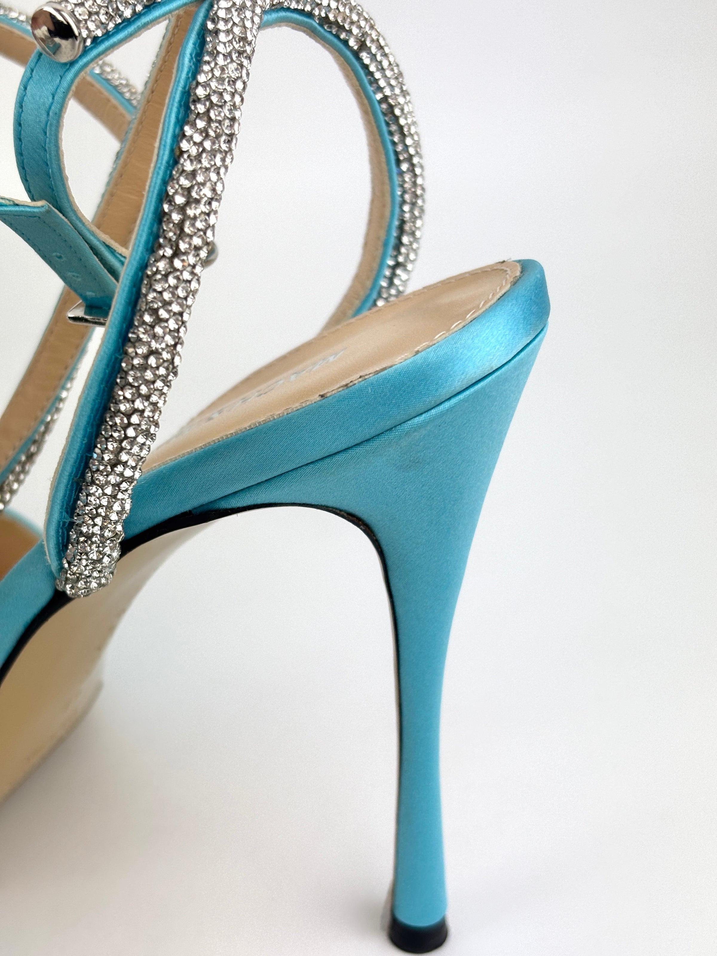 Triple Hearts Blue Satin High Heels Size 41